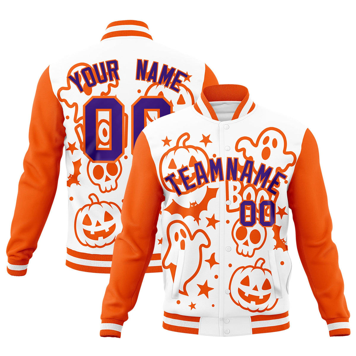 Custom White Orange Purple Bats Pumpkins Ghost Patterns Halloween Letterman Jacket | Custom Letterman Jacket,Add Name and Numbern,Sublimation Printed &amp; Stitched,Perfect for Parties | KXKSHOP