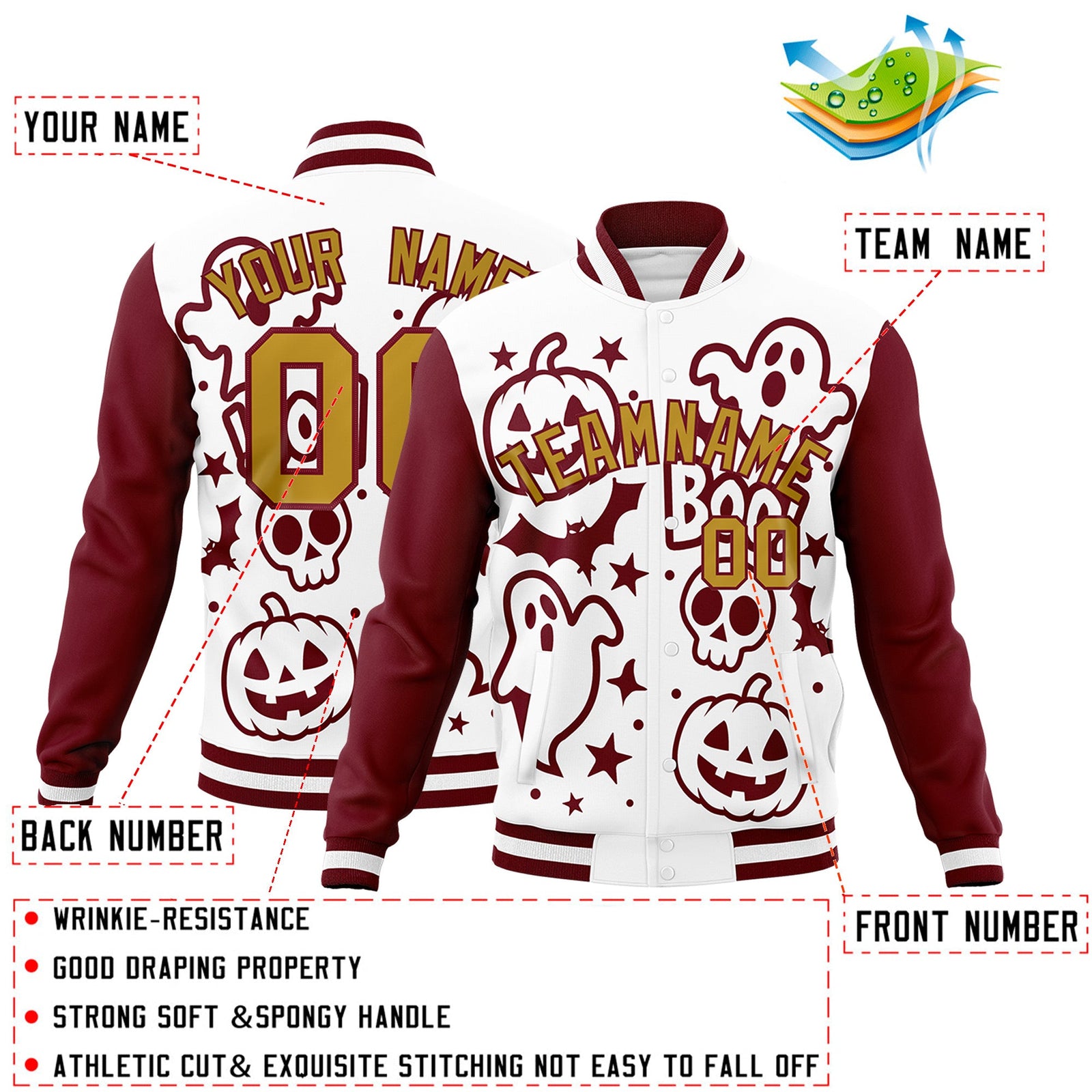 Custom White Crimson Old Gold Bats Pumpkins Ghost Patterns Halloween Letterman Jacket | Custom Letterman Jacket,Add Name and Numbern,Sublimation Printed & Stitched,Perfect for Parties | KXKSHOP