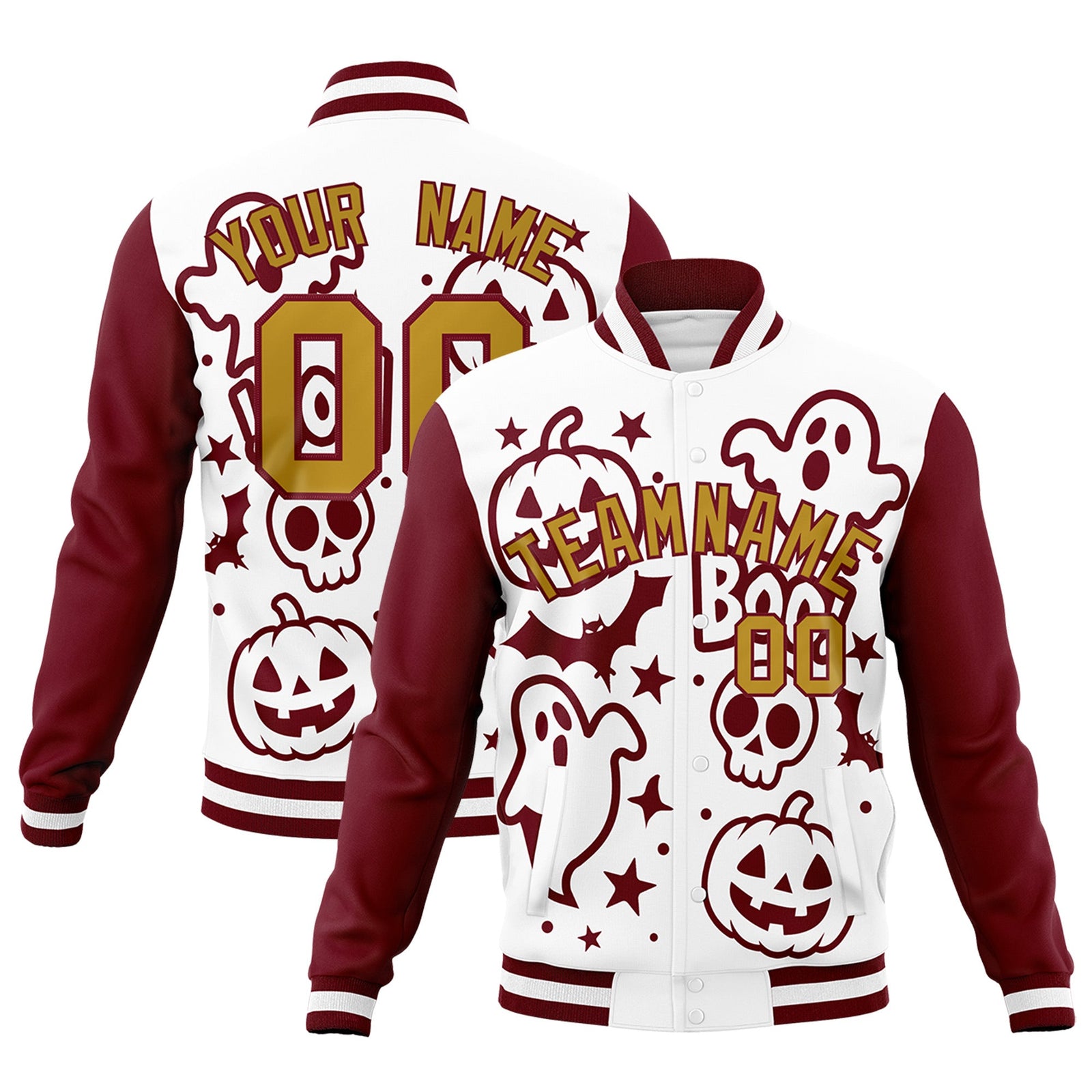 Custom White Crimson Old Gold Bats Pumpkins Ghost Patterns Halloween Letterman Jacket | Custom Letterman Jacket,Add Name and Numbern,Sublimation Printed & Stitched,Perfect for Parties | KXKSHOP