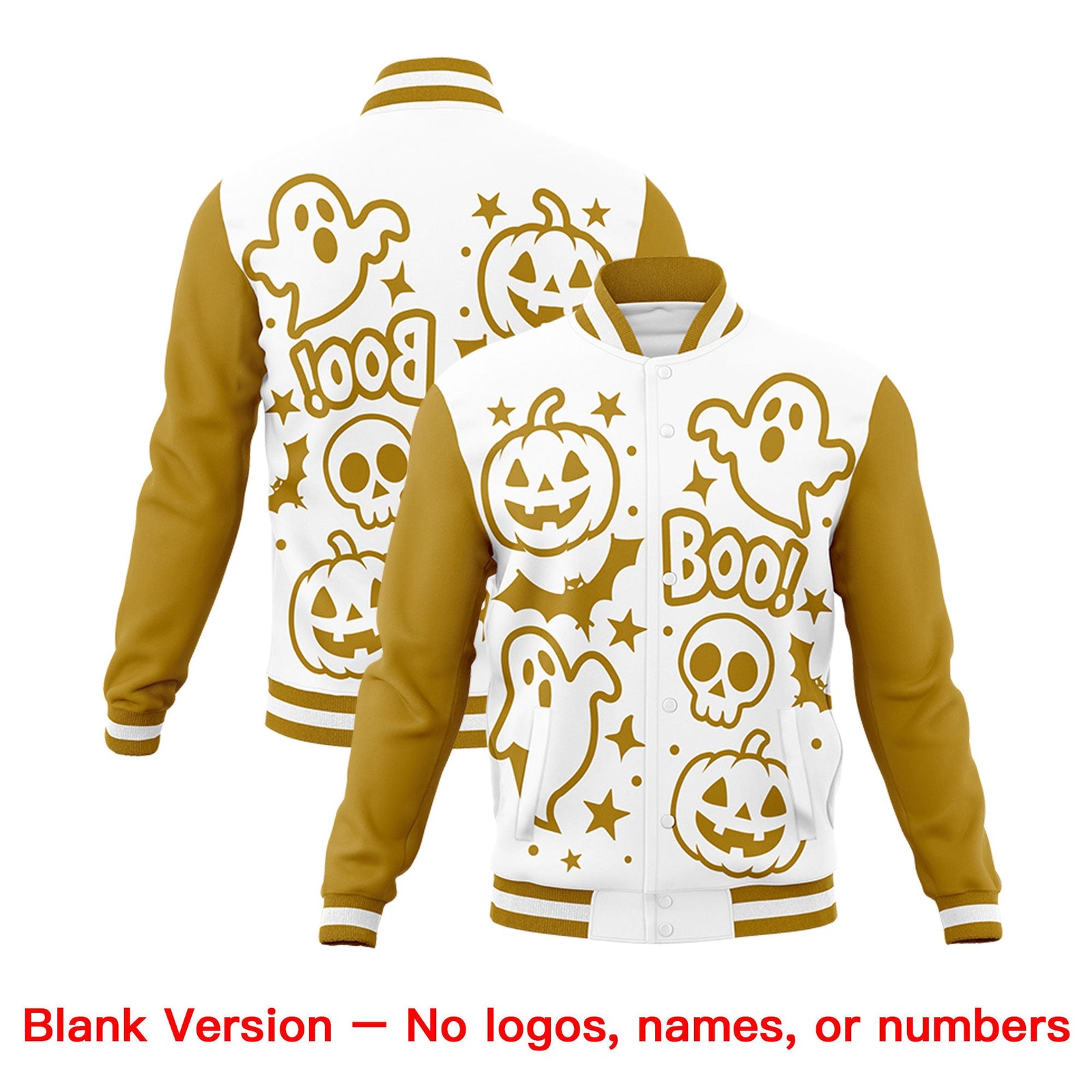Custom White Old Gold Black Bats Pumpkins Ghost Patterns Halloween Letterman Jacket | Custom Letterman Jacket,Add Name and Numbern,Sublimation Printed & Stitched,Perfect for Parties | KXKSHOP