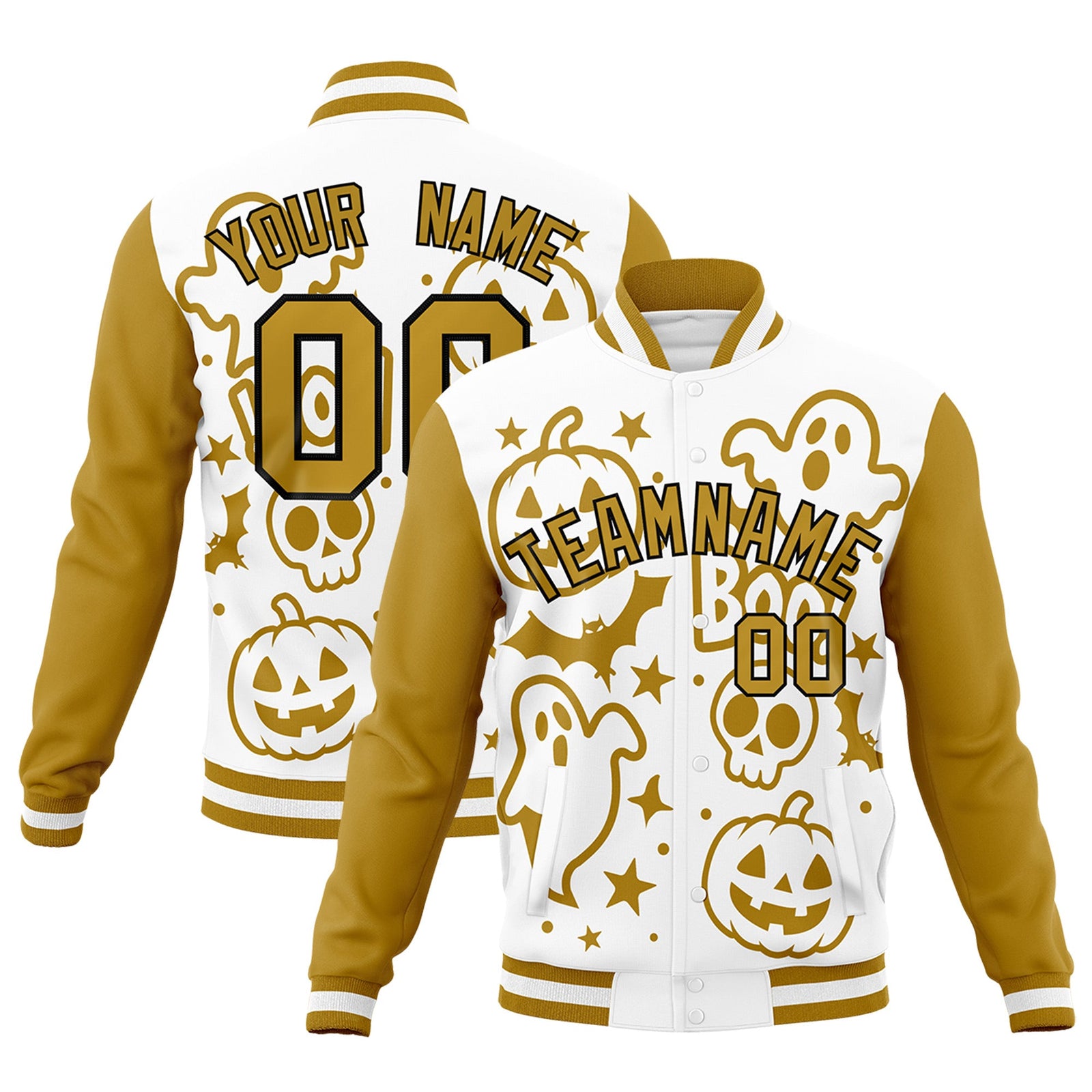 Custom White Old Gold Black Bats Pumpkins Ghost Patterns Halloween Letterman Jacket | Custom Letterman Jacket,Add Name and Numbern,Sublimation Printed & Stitched,Perfect for Parties | KXKSHOP