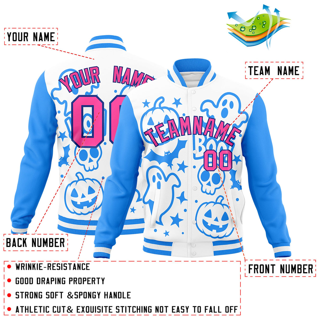 Custom White Powder Blue Pink Bats Pumpkins Ghost Patterns Halloween Letterman Jacket | Custom Letterman Jacket,Add Name and Numbern,Sublimation Printed &amp; Stitched,Perfect for Parties | KXKSHOP