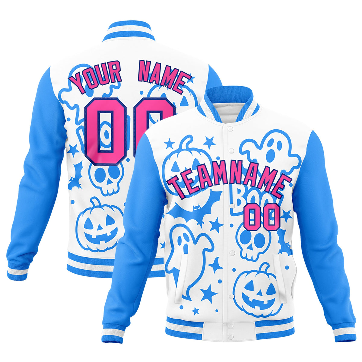 Custom White Powder Blue Pink Bats Pumpkins Ghost Patterns Halloween Letterman Jacket | Custom Letterman Jacket,Add Name and Numbern,Sublimation Printed &amp; Stitched,Perfect for Parties | KXKSHOP