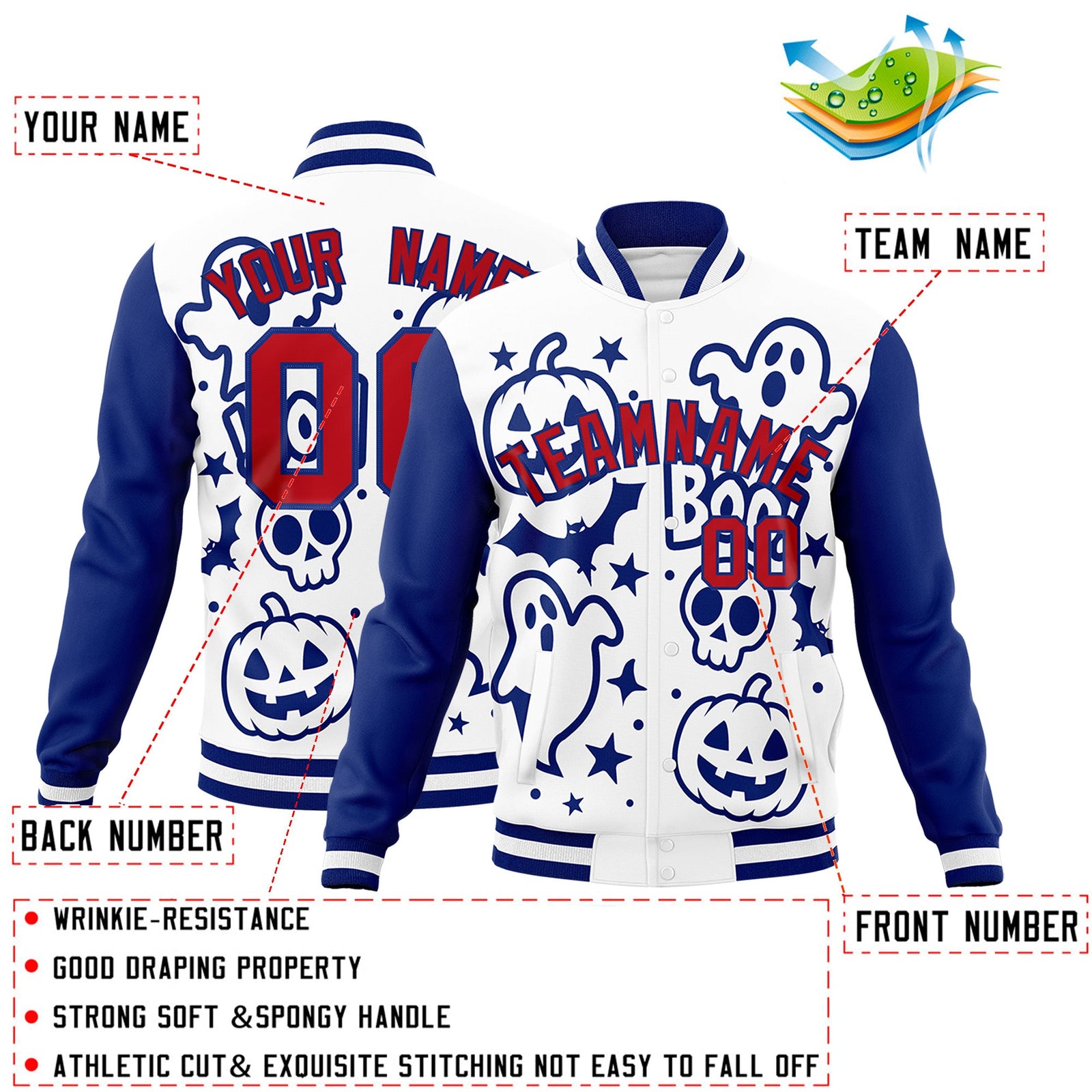 Custom Royal Blue White Red Bats Pumpkins Ghost Patterns Halloween Letterman Jacket | Custom Letterman Jacket,Add Name and Numbern,Sublimation Printed & Stitched,Perfect for Parties | KXKSHOP