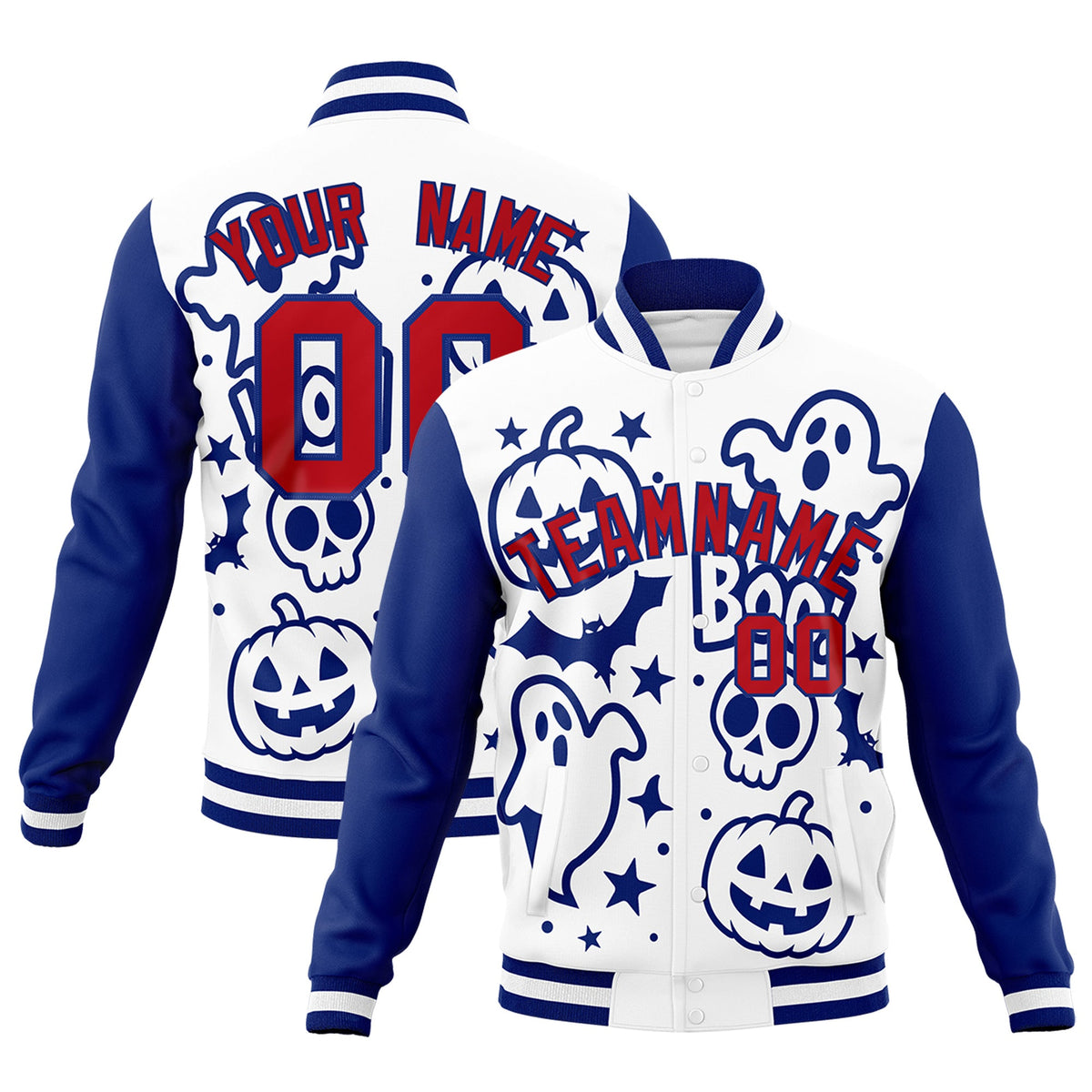 Custom Royal Blue White Red Bats Pumpkins Ghost Patterns Halloween Letterman Jacket | Custom Letterman Jacket,Add Name and Numbern,Sublimation Printed &amp; Stitched,Perfect for Parties | KXKSHOP