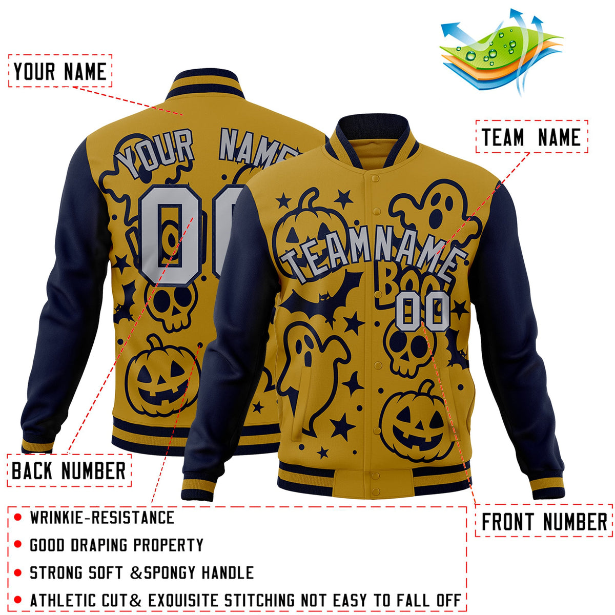 Custom Navy Old Gold Gray Bats Pumpkins Ghost Patterns Halloween Letterman Jacket | Custom Letterman Jacket,Add Name and Numbern,Sublimation Printed &amp; Stitched,Perfect for Parties | KXKSHOP