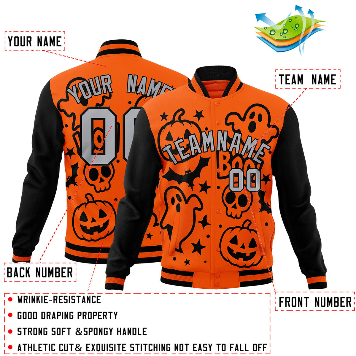 Custom Black Orange Gray Bats Pumpkins Ghost Patterns Halloween Letterman Jacket | Custom Letterman Jacket,Add Name and Numbern,Sublimation Printed &amp; Stitched,Perfect for Parties | KXKSHOP