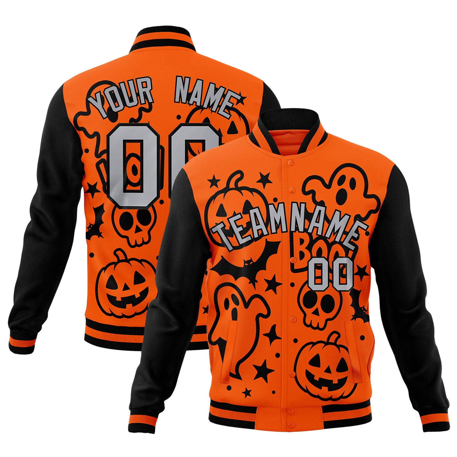 Custom Black Orange Gray Bats Pumpkins Ghost Patterns Halloween Letterman Jacket | Custom Letterman Jacket,Add Name and Numbern,Sublimation Printed & Stitched,Perfect for Parties | KXKSHOP