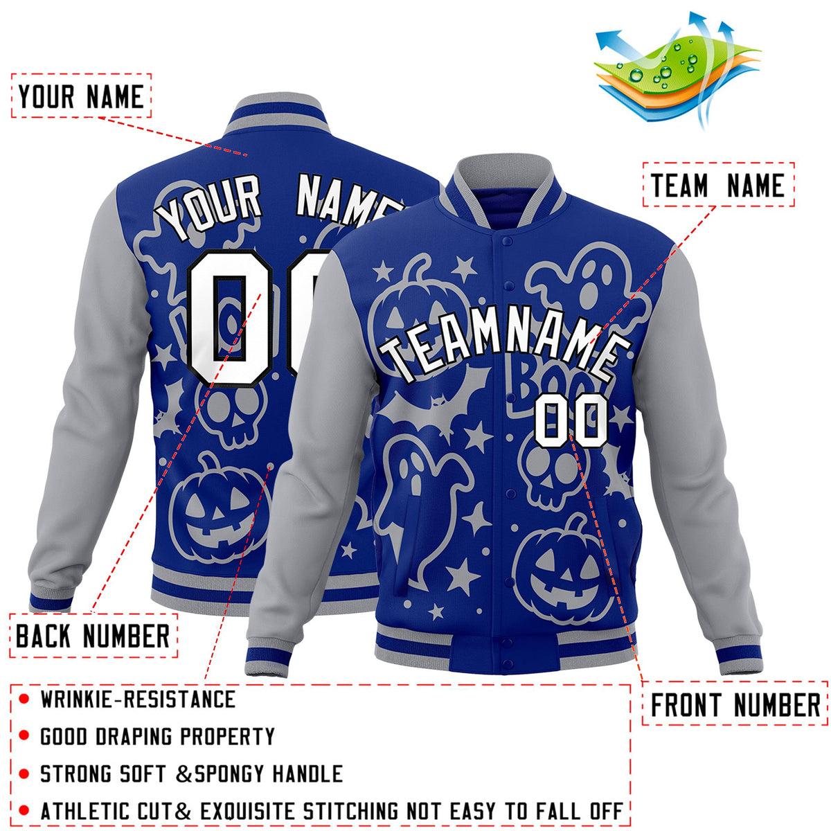 Custom Gray Royal Blue White Bats Pumpkins Ghost Patterns Halloween Letterman Jacket | Custom Letterman Jacket,Add Name and Numbern,Sublimation Printed &amp; Stitched,Perfect for Parties | KXKSHOP