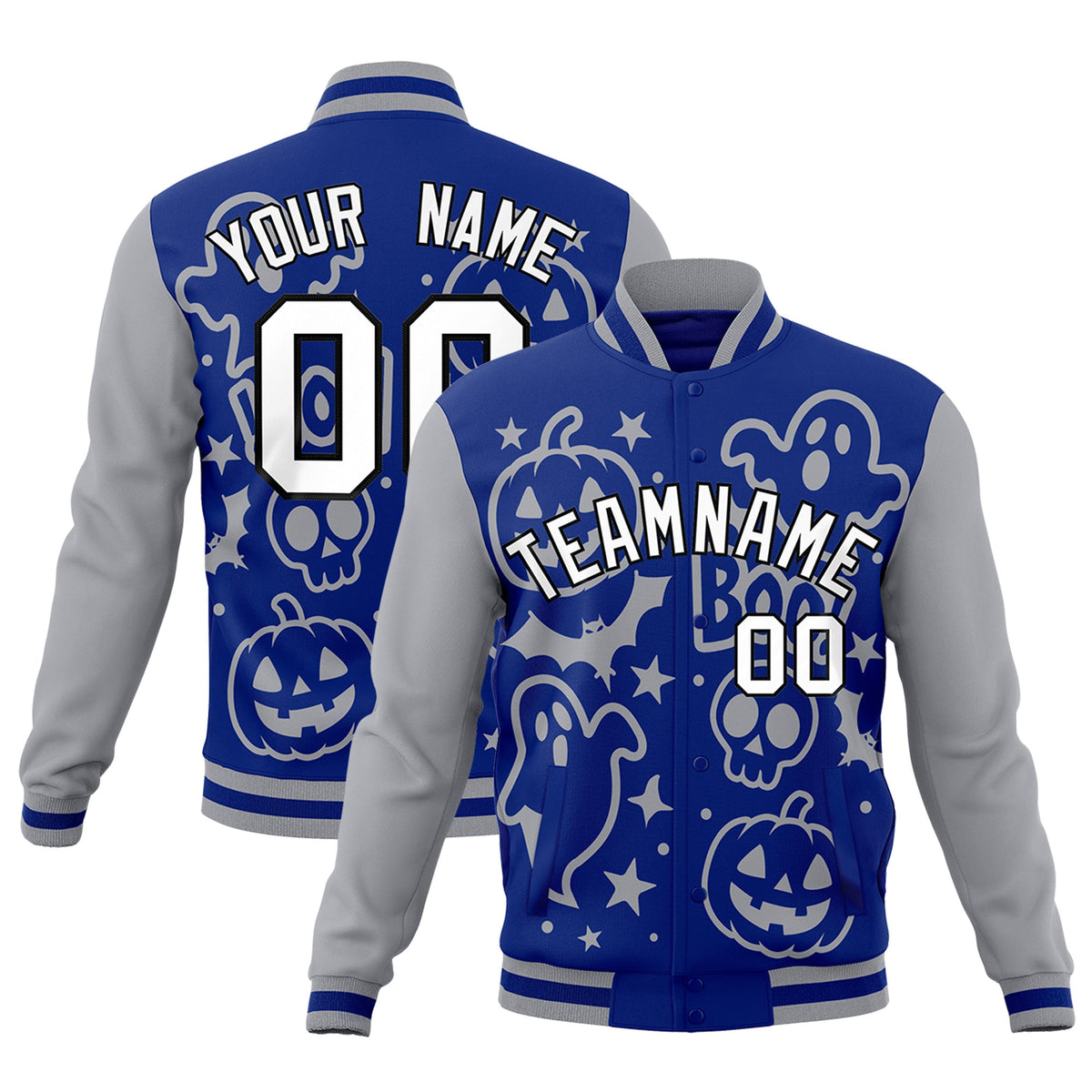 Custom Gray Royal Blue White Bats Pumpkins Ghost Patterns Halloween Letterman Jacket | Custom Letterman Jacket,Add Name and Numbern,Sublimation Printed &amp; Stitched,Perfect for Parties | KXKSHOP