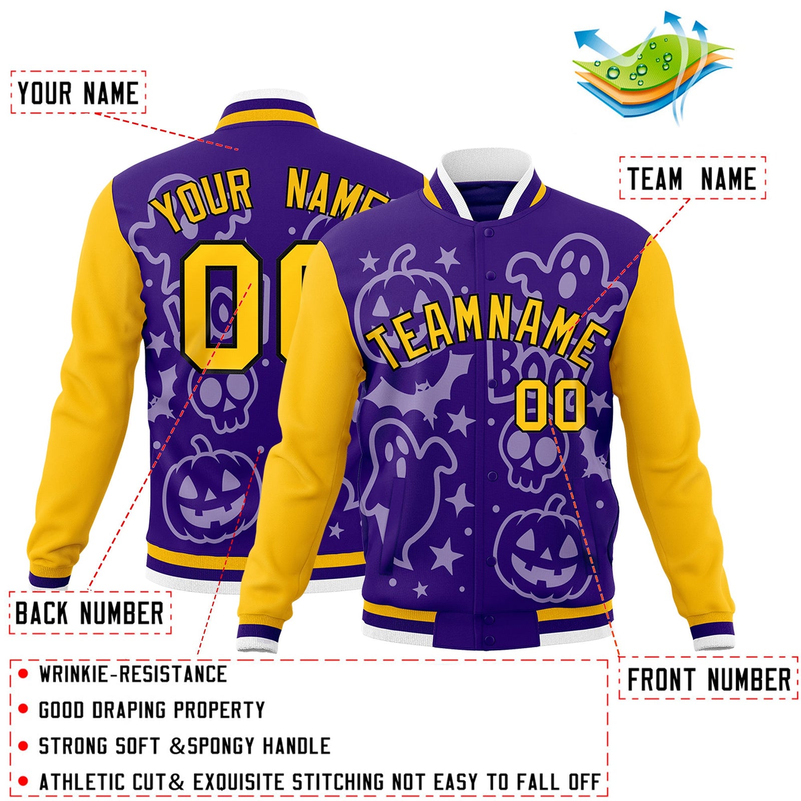 Custom Yellow Purple Gold Bats Pumpkins Ghost Patterns Halloween Letterman Jacket | Custom Letterman Jacket,Add Name and Numbern,Sublimation Printed & Stitched,Perfect for Parties | KXKSHOP