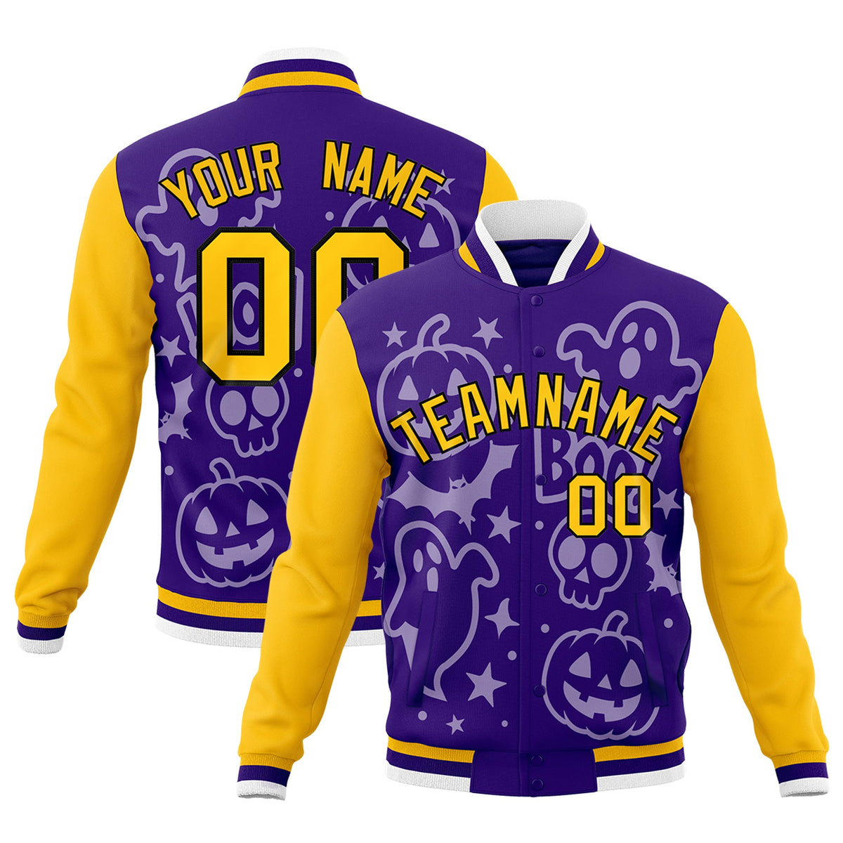 Custom Yellow Purple Gold Bats Pumpkins Ghost Patterns Halloween Letterman Jacket | Custom Letterman Jacket,Add Name and Numbern,Sublimation Printed & Stitched,Perfect for Parties | KXKSHOP