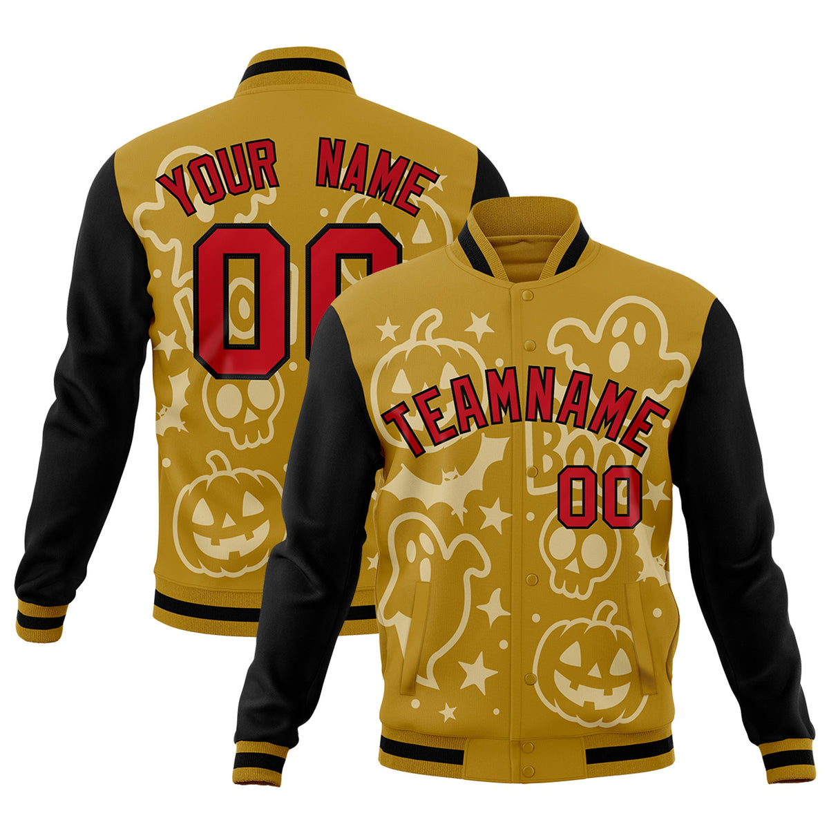 Custom Old Gold Black Red Bats Pumpkins Ghost Patterns Halloween Letterman Jacket | Custom Letterman Jacket,Add Name and Numbern,Sublimation Printed &amp; Stitched,Perfect for Parties | KXKSHOP