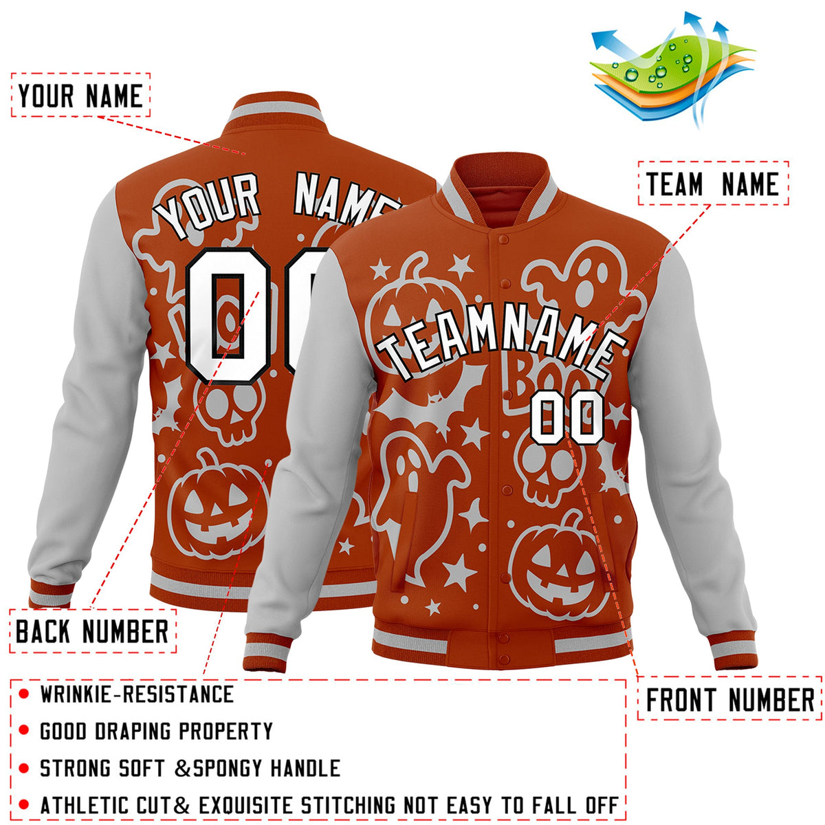 Custom Dark Orange Gray White Bats Pumpkins Ghost Patterns Halloween Letterman Jacket | Custom Letterman Jacket,Add Name and Numbern,Sublimation Printed &amp; Stitched,Perfect for Parties | KXKSHOP