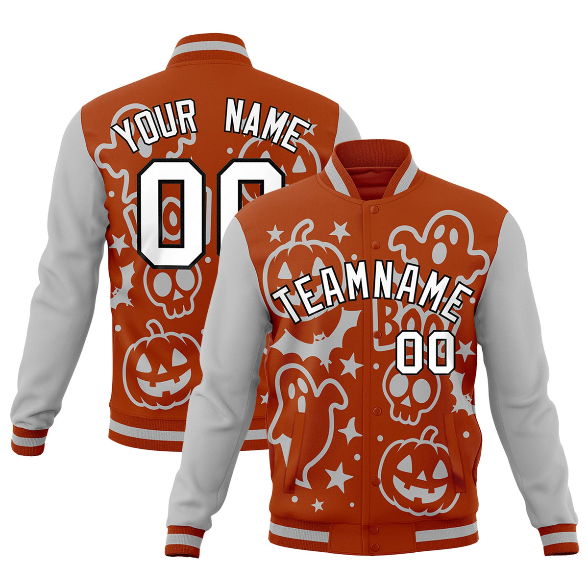 Custom Dark Orange Gray White Bats Pumpkins Ghost Patterns Halloween Letterman Jacket | Custom Letterman Jacket,Add Name and Numbern,Sublimation Printed &amp; Stitched,Perfect for Parties | KXKSHOP