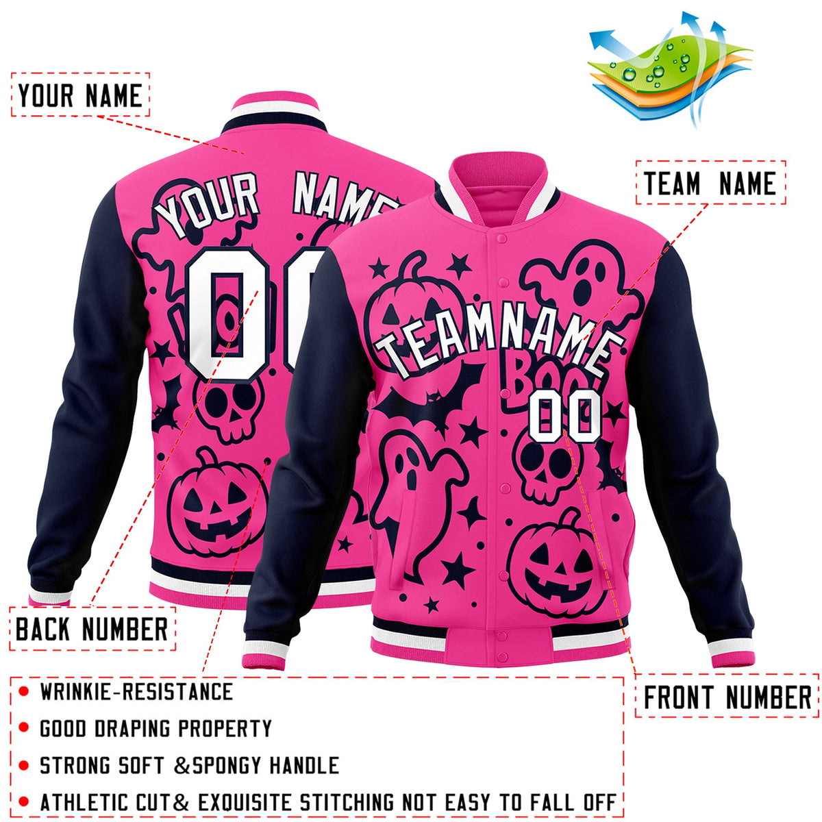 Custom Navy Pink White Bats Pumpkins Ghost Patterns Halloween Letterman Jacket | Custom Letterman Jacket,Add Name and Numbern,Sublimation Printed &amp; Stitched,Perfect for Parties | KXKSHOP