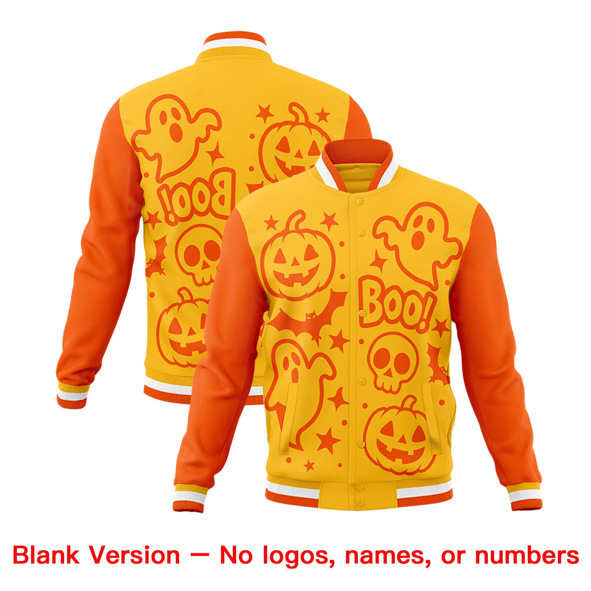 Custom Yellow Orange Gold Bats Pumpkins Ghost Patterns Halloween Letterman Jacket | Custom Letterman Jacket,Add Name and Numbern,Sublimation Printed & Stitched,Perfect for Parties | KXKSHOP