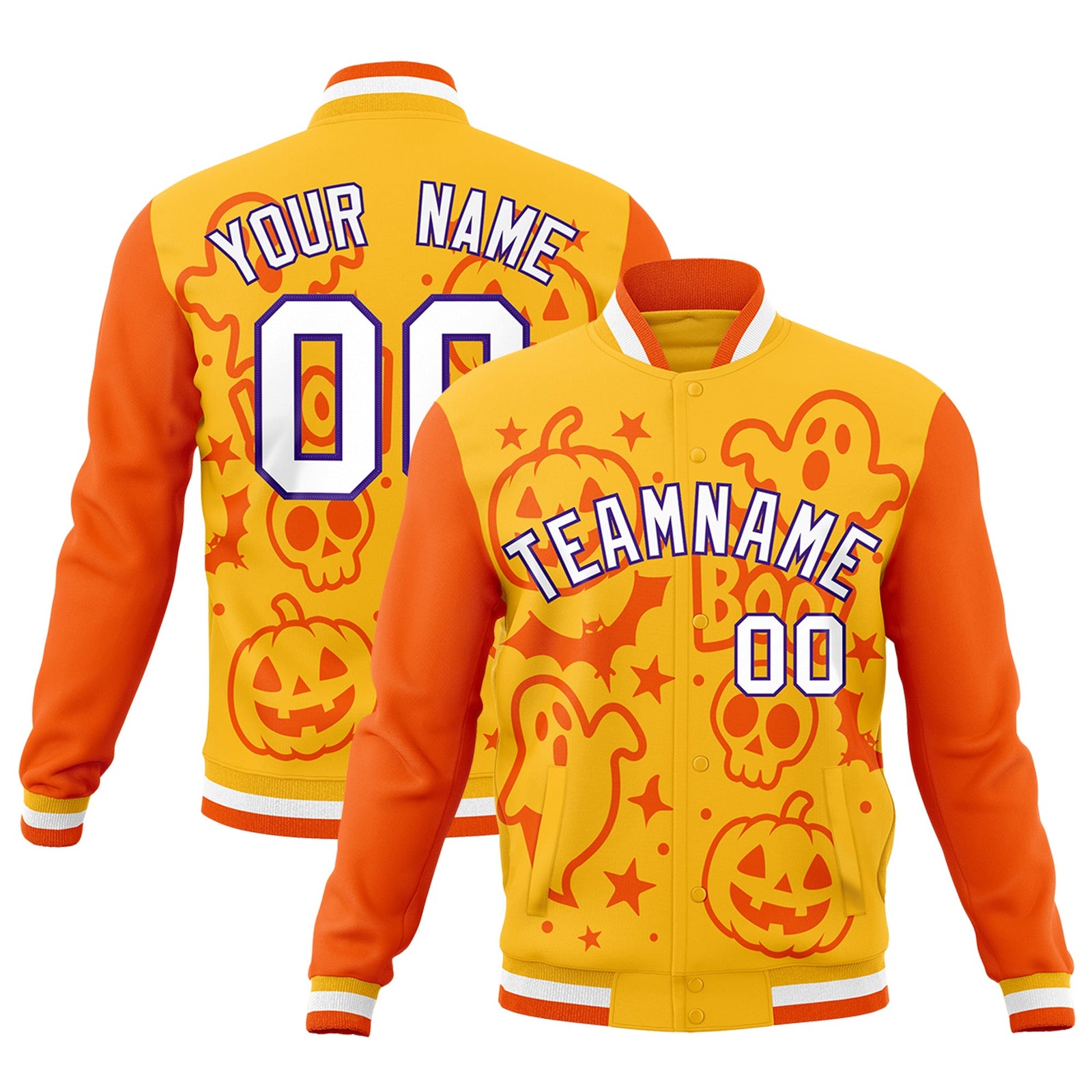 Custom Yellow Orange Gold Bats Pumpkins Ghost Patterns Halloween Letterman Jacket | Custom Letterman Jacket,Add Name and Numbern,Sublimation Printed & Stitched,Perfect for Parties | KXKSHOP