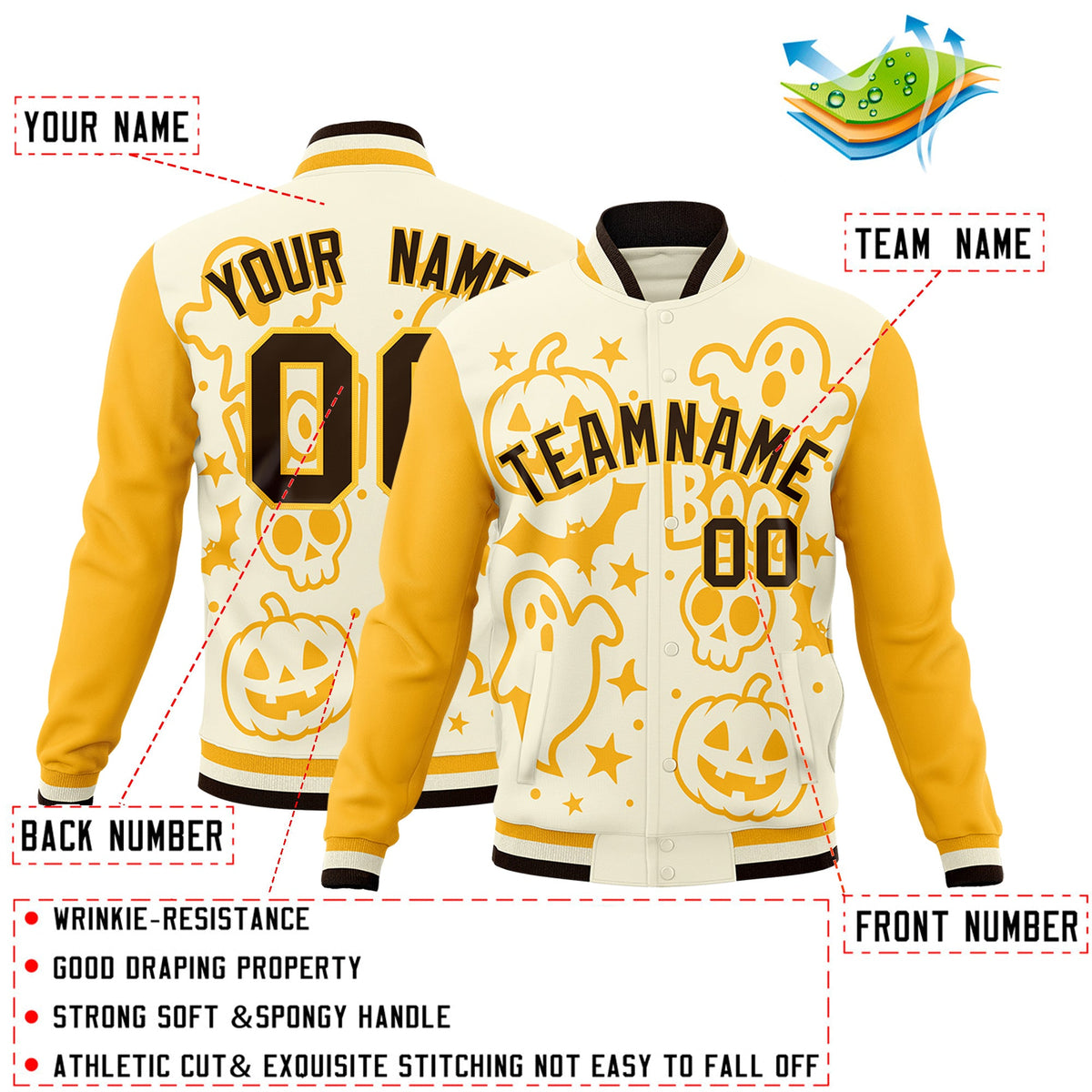 Custom Yellow Cream Gold Bats Pumpkins Ghost Patterns Halloween Letterman Jacket | Custom Letterman Jacket,Add Name and Numbern,Sublimation Printed &amp; Stitched,Perfect for Parties | KXKSHOP