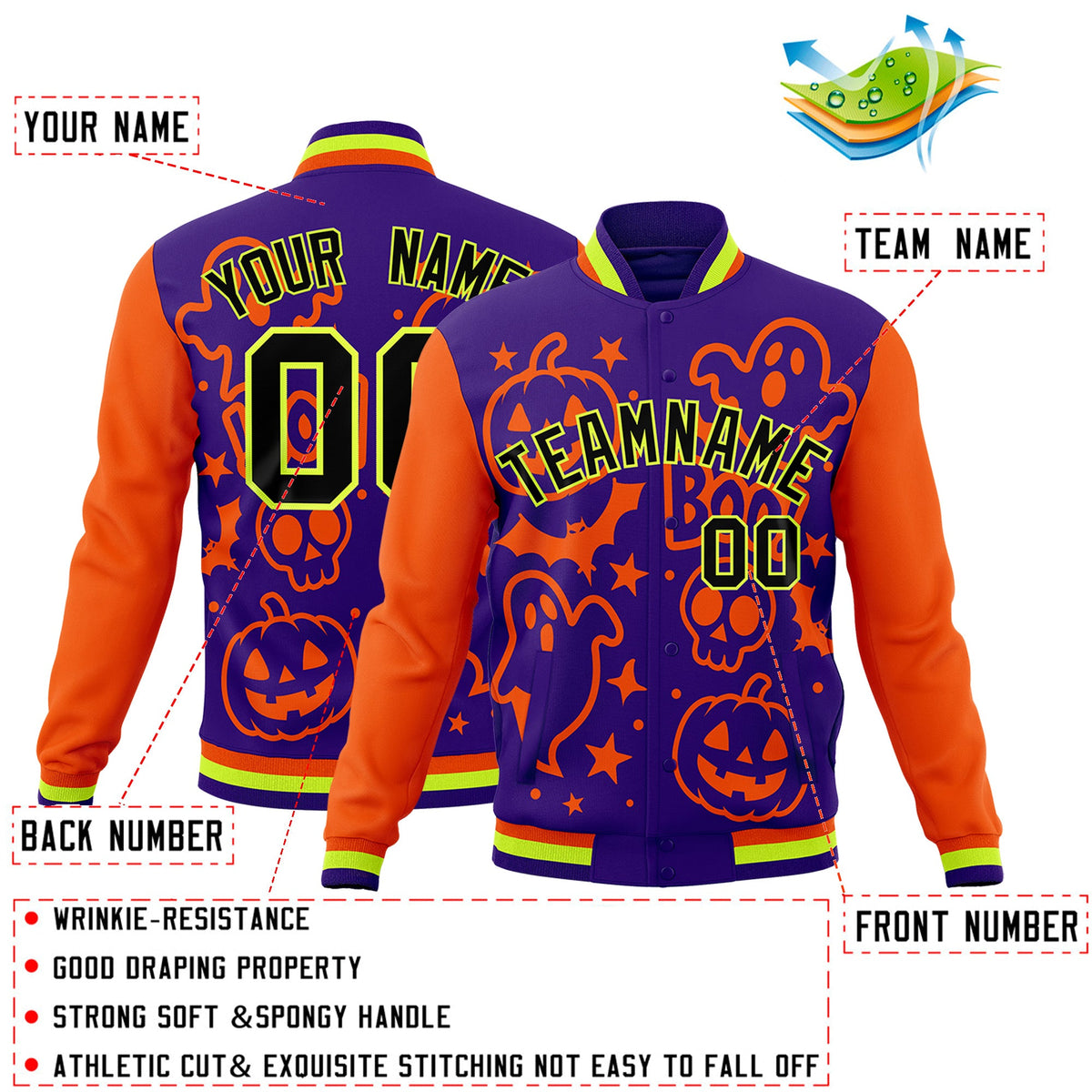 Custom Orange Purple Neon Green Bats Pumpkins Ghost Patterns Halloween Letterman Jacket | Custom Letterman Jacket,Add Name and Numbern,Sublimation Printed &amp; Stitched,Perfect for Parties | KXKSHOP