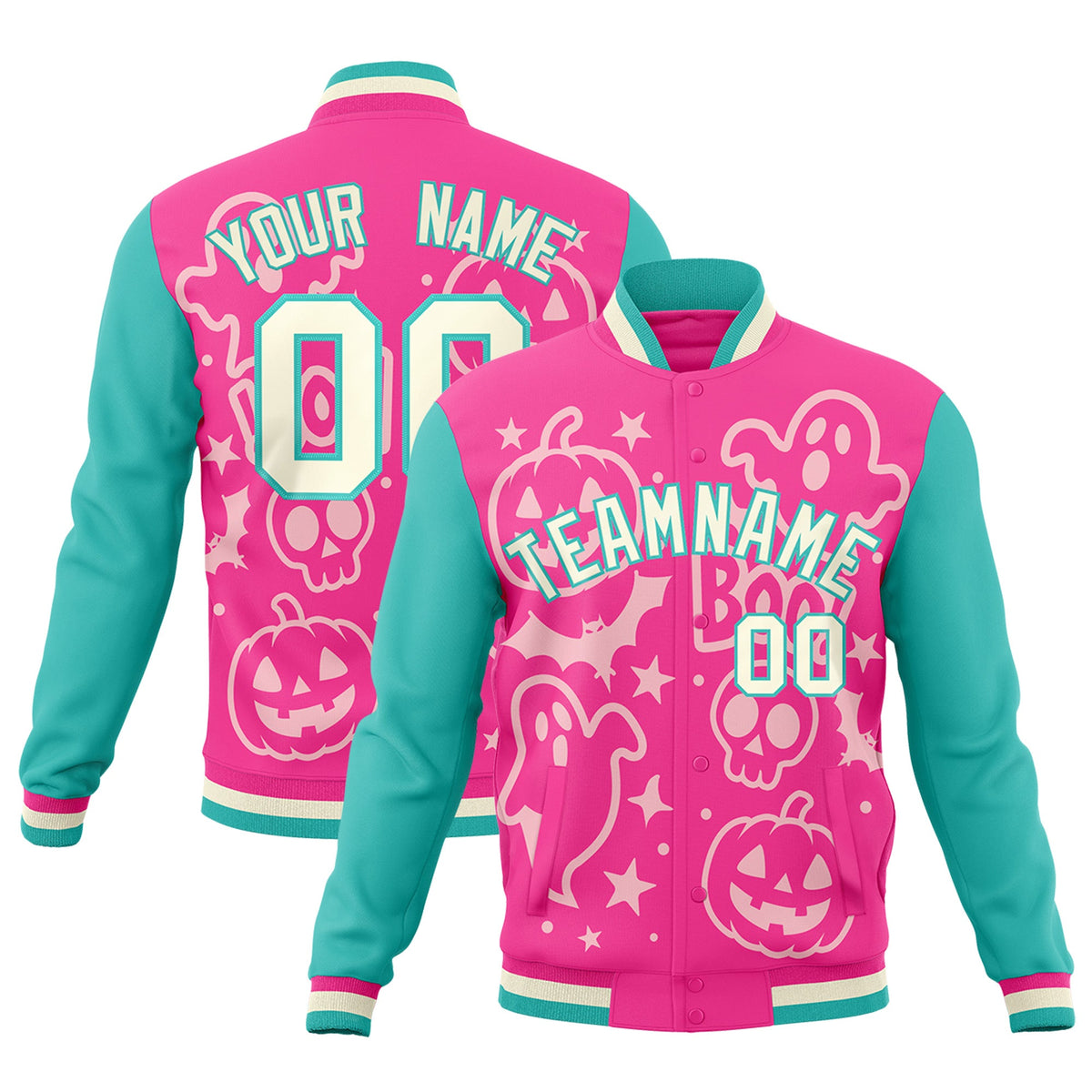 Custom Pink Bright Green Cream Bats Pumpkins Ghost Patterns Halloween Letterman Jacket | Custom Letterman Jacket,Add Name and Numbern,Sublimation Printed &amp; Stitched,Perfect for Parties | KXKSHOP