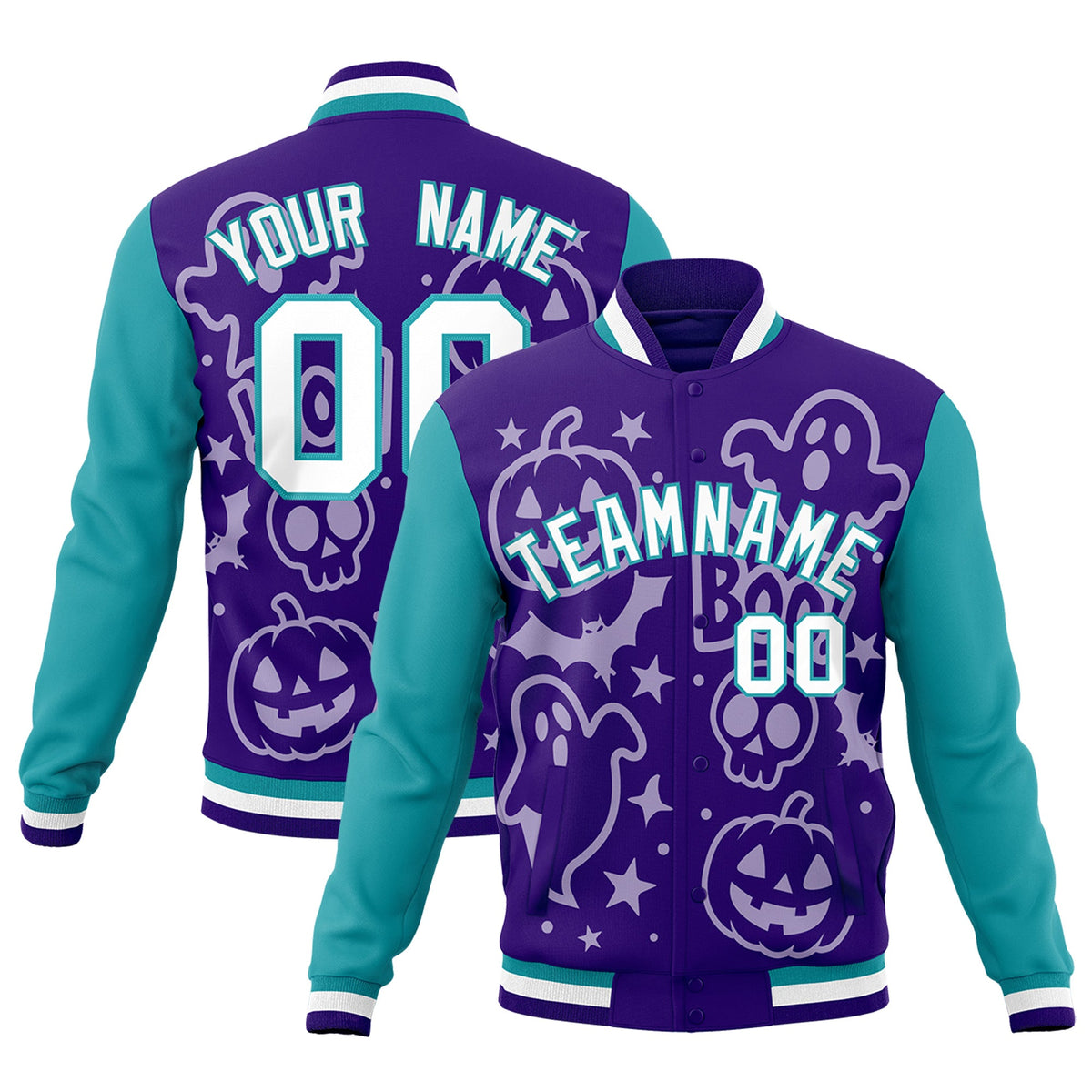 Custom Purple Aqua White Bats Pumpkins Ghost Patterns Halloween Letterman Jacket | Custom Letterman Jacket,Add Name and Numbern,Sublimation Printed & Stitched,Perfect for Parties | KXKSHOP