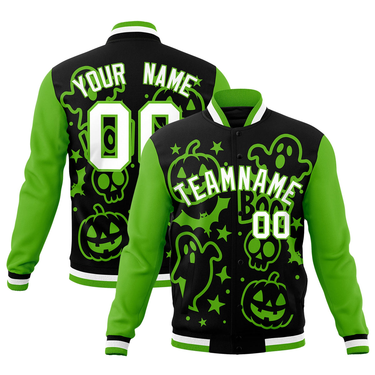 Custom Black Green White Bats Pumpkins Ghost Patterns Halloween Letterman Jacket | Custom Letterman Jacket,Add Name and Numbern,Sublimation Printed &amp; Stitched,Perfect for Parties | KXKSHOP
