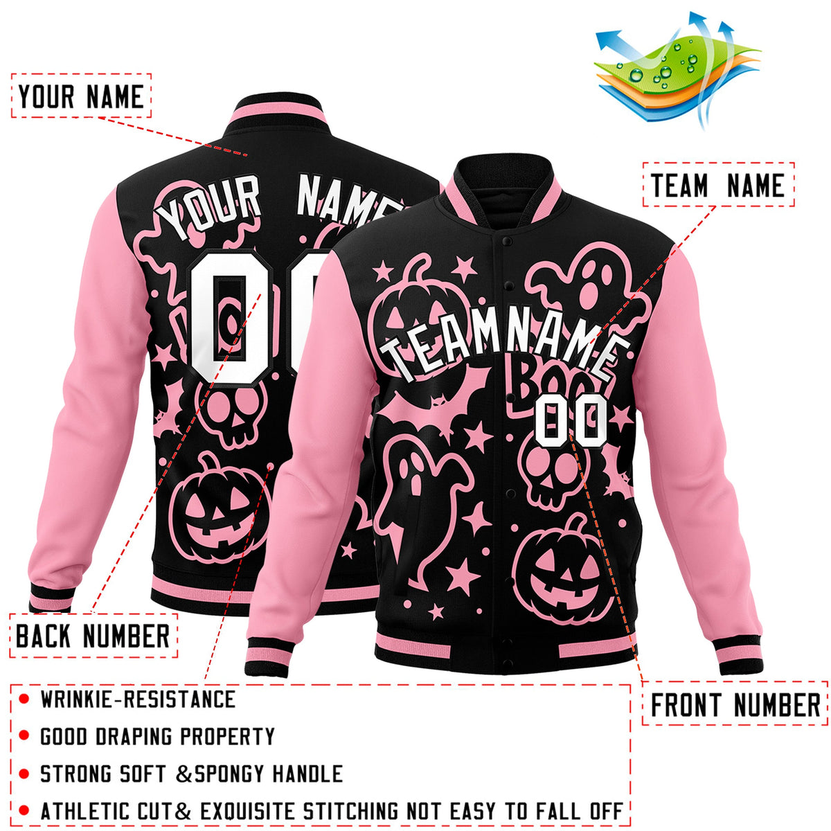 Custom Light Pink Black White Bats Pumpkins Ghost Patterns Halloween Letterman Jacket | Custom Letterman Jacket,Add Name and Numbern,Sublimation Printed &amp; Stitched,Perfect for Parties | KXKSHOP