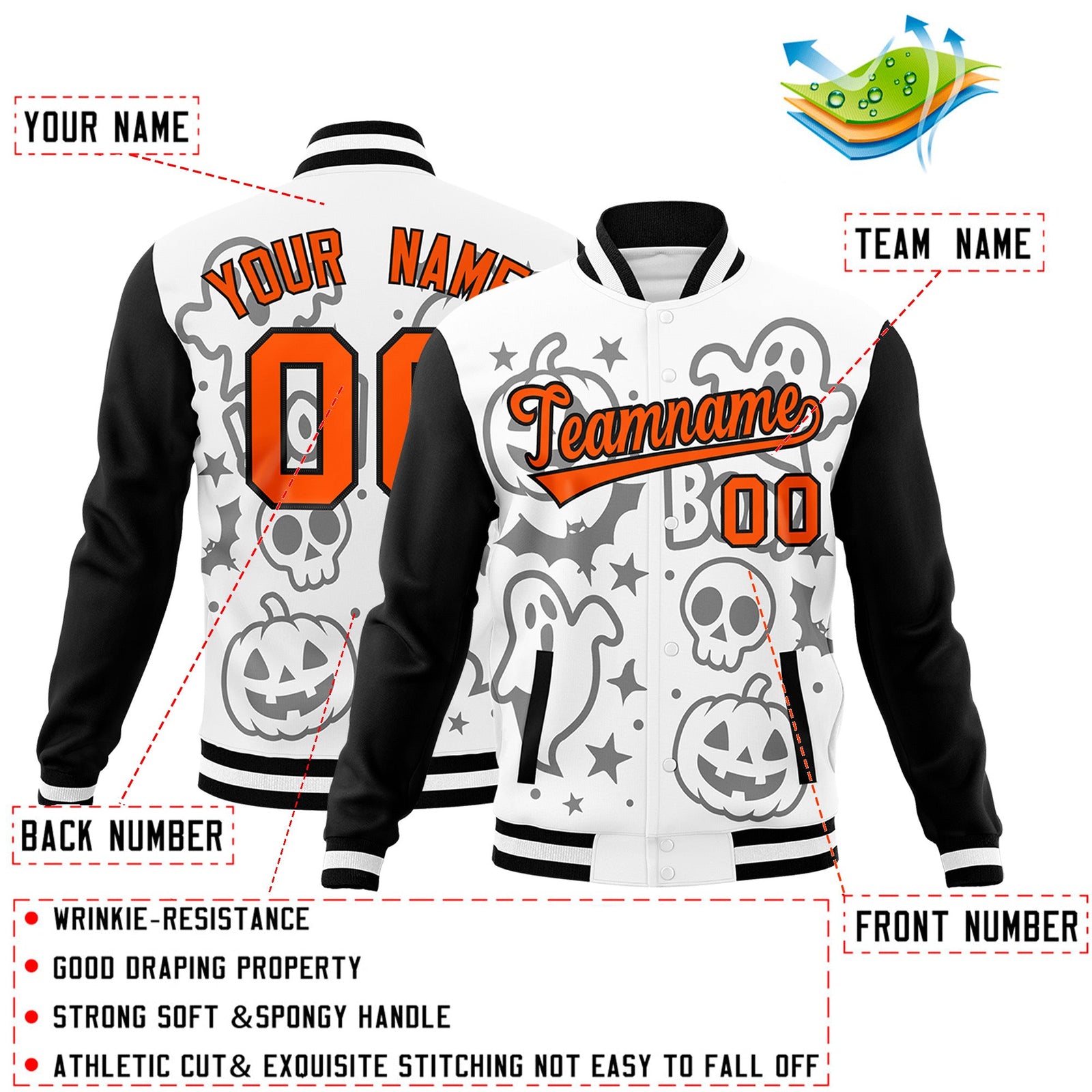 Custom White Black Orange Bats Pumpkins Ghost Patterns Halloween Letterman Jacket | Custom Letterman Jacket,Add Name and Numbern,Sublimation Printed & Stitched,Perfect for Parties | KXKSHOP