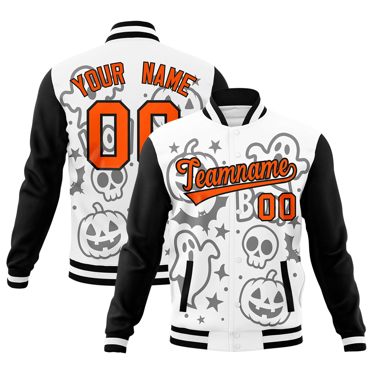 Custom White Black Orange Bats Pumpkins Ghost Patterns Halloween Letterman Jacket | Custom Letterman Jacket,Add Name and Numbern,Sublimation Printed &amp; Stitched,Perfect for Parties | KXKSHOP