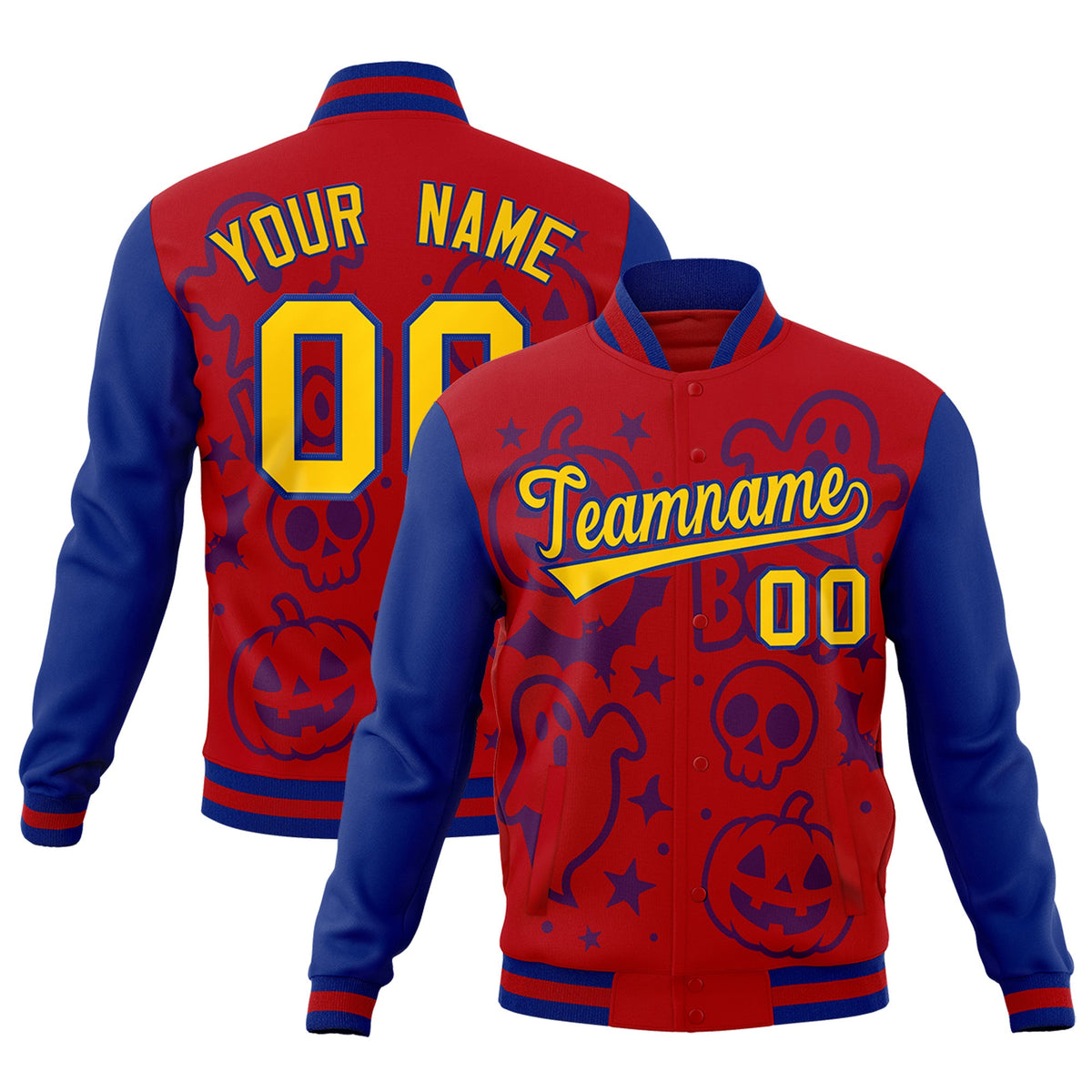 Custom Royal Red Royal Blue Bats Pumpkins Ghost Patterns Halloween Letterman Jacket | Custom Letterman Jacket,Add Name and Numbern,Sublimation Printed &amp; Stitched,Perfect for Parties | KXKSHOP