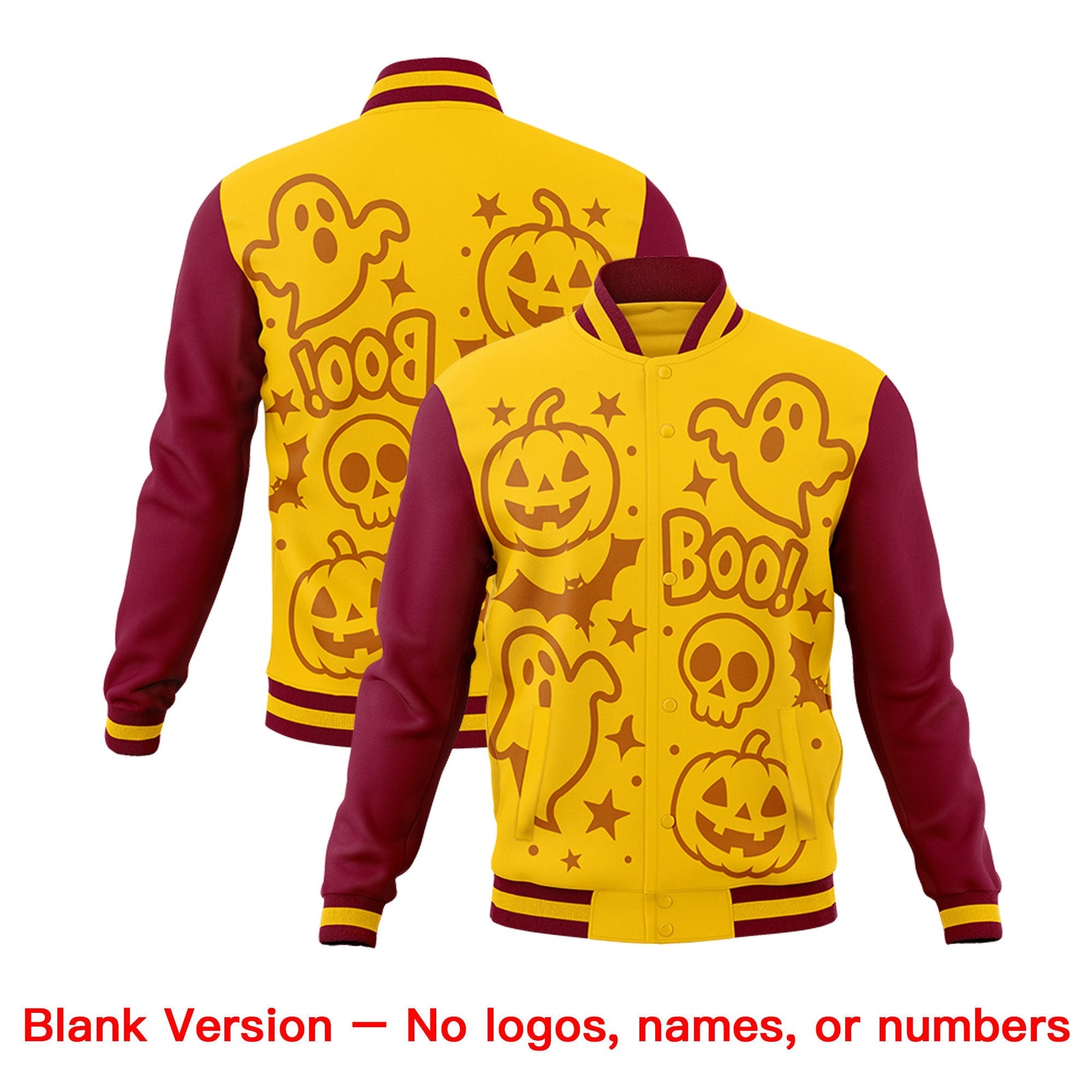 Custom Crimson Gold Yellow Bats Pumpkins Ghost Patterns Halloween Letterman Jacket | Custom Letterman Jacket,Add Name and Numbern,Sublimation Printed & Stitched,Perfect for Parties | KXKSHOP