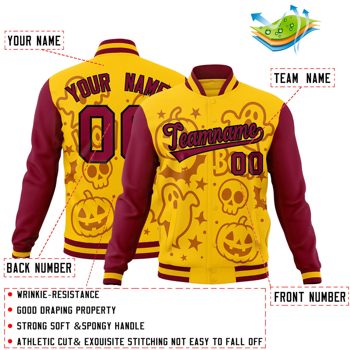 Custom Crimson Gold Yellow Bats Pumpkins Ghost Patterns Halloween Letterman Jacket | Custom Letterman Jacket,Add Name and Numbern,Sublimation Printed & Stitched,Perfect for Parties | KXKSHOP