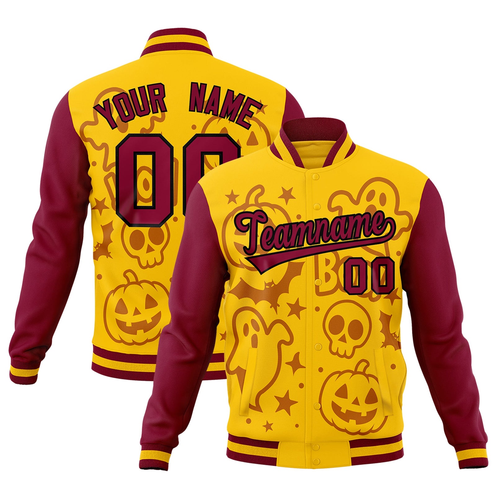 Custom Crimson Gold Yellow Bats Pumpkins Ghost Patterns Halloween Letterman Jacket | Custom Letterman Jacket,Add Name and Numbern,Sublimation Printed & Stitched,Perfect for Parties | KXKSHOP