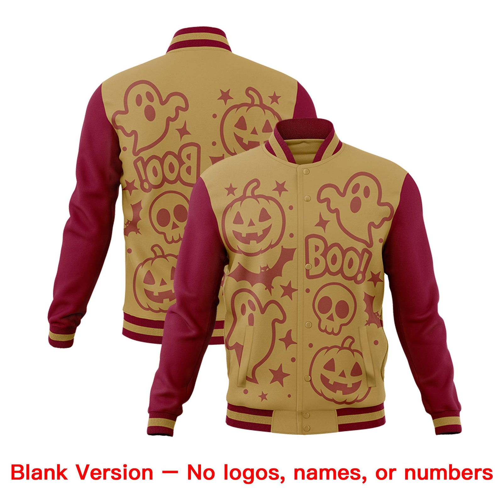 Custom Khaki Crimson Black Bats Pumpkins Ghost Patterns Halloween Letterman Jacket | Custom Letterman Jacket,Add Name and Numbern,Sublimation Printed & Stitched,Perfect for Parties | KXKSHOP