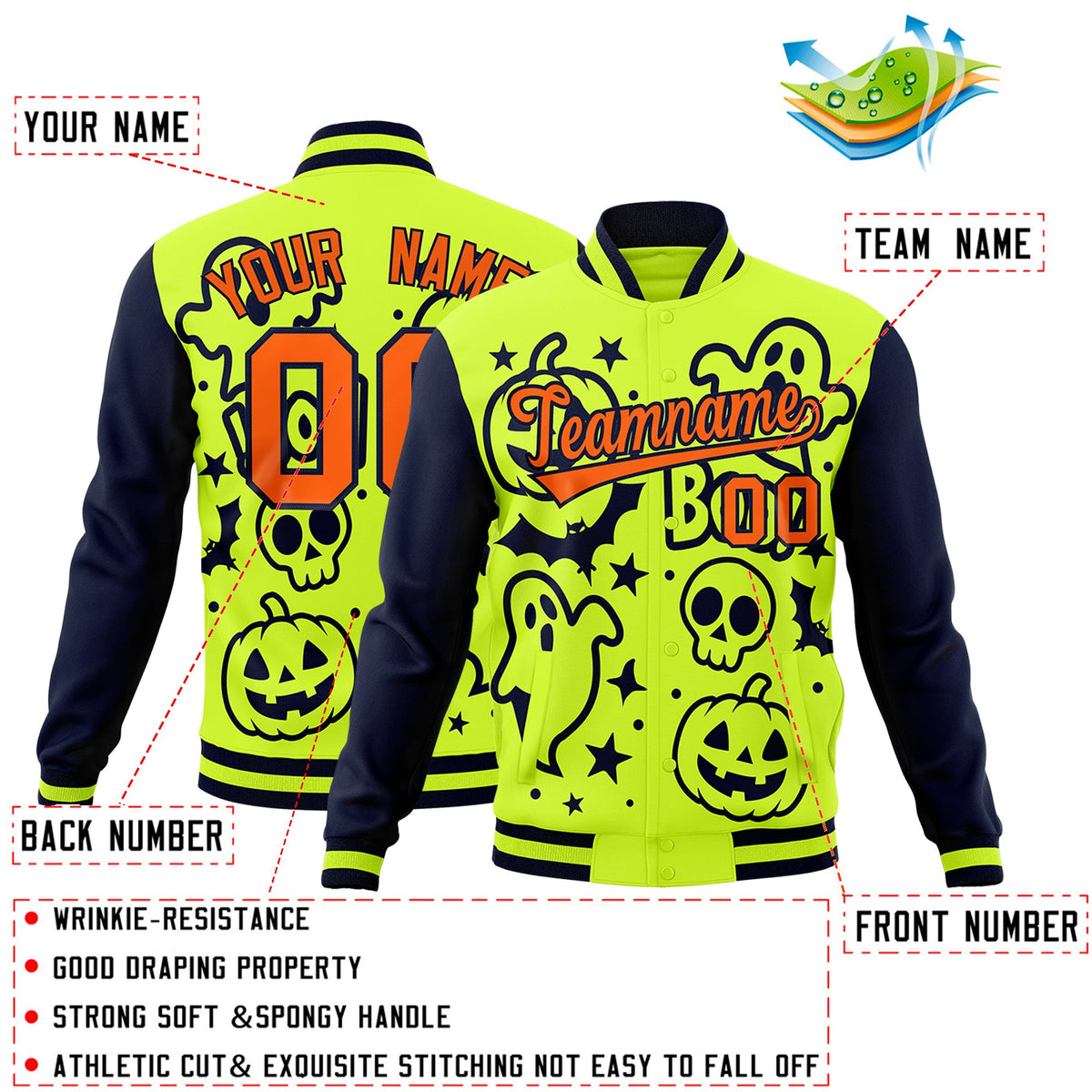 Custom Neon Green Navy Orange Bats Pumpkins Ghost Patterns Halloween Letterman Jacket | Custom Letterman Jacket,Add Name and Numbern,Sublimation Printed &amp; Stitched,Perfect for Parties | KXKSHOP