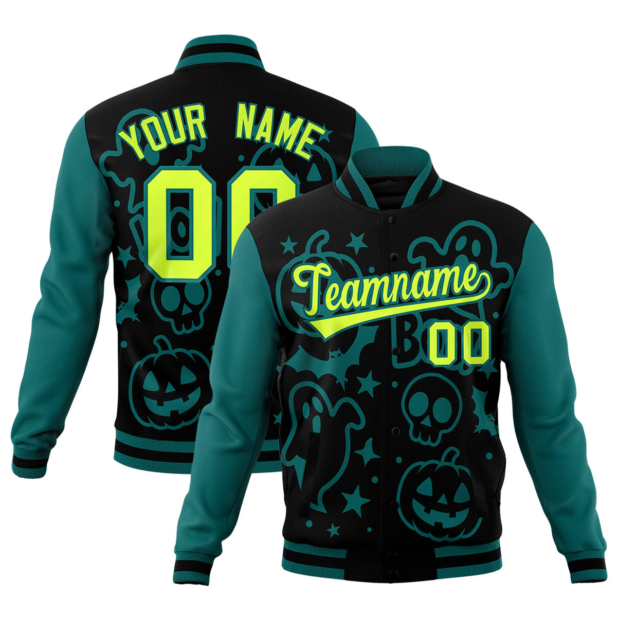 Custom Teal Black Neon Green Bats Pumpkins Ghost Patterns Halloween Letterman Jacket | Custom Letterman Jacket,Add Name and Numbern,Sublimation Printed &amp; Stitched,Perfect for Parties | KXKSHOP