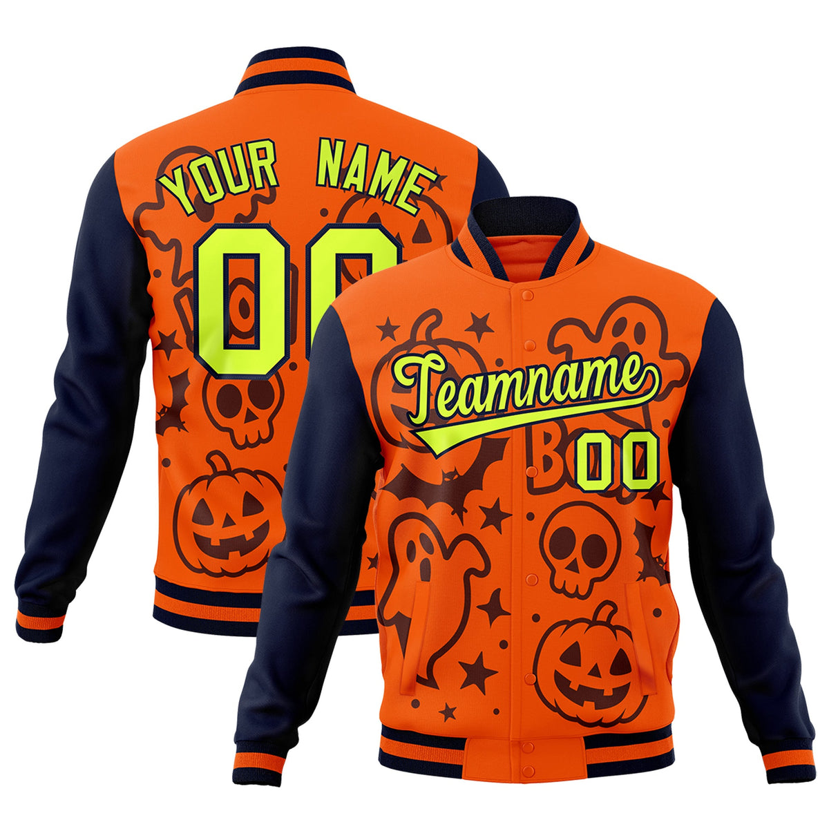 Custom Navy Orange Teal Bats Pumpkins Ghost Patterns Halloween Letterman Jacket | Custom Letterman Jacket,Add Name and Numbern,Sublimation Printed &amp; Stitched,Perfect for Parties | KXKSHOP