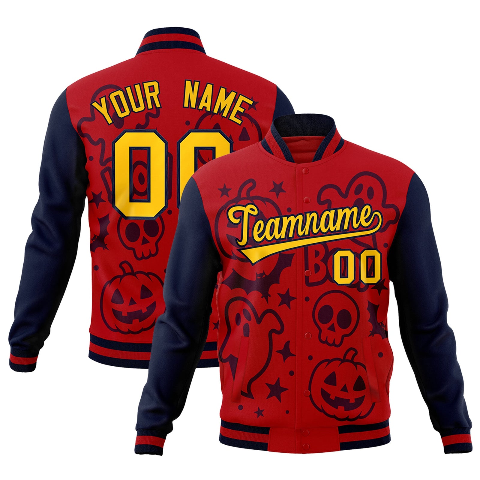 Custom Navy Red Gold Bats Pumpkins Ghost Patterns Halloween Letterman Jacket | Custom Letterman Jacket,Add Name and Numbern,Sublimation Printed & Stitched,Perfect for Parties | KXKSHOP