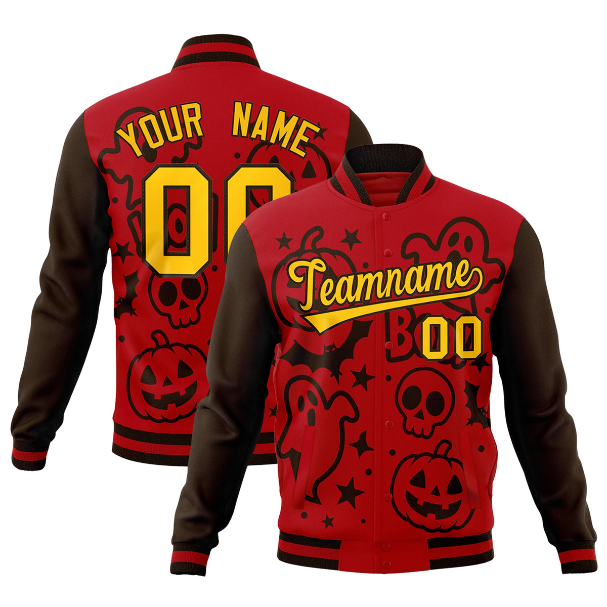 Custom Red Brown Gold Bats Pumpkins Ghost Patterns Halloween Letterman Jacket | Custom Letterman Jacket,Add Name and Numbern,Sublimation Printed & Stitched,Perfect for Parties | KXKSHOP