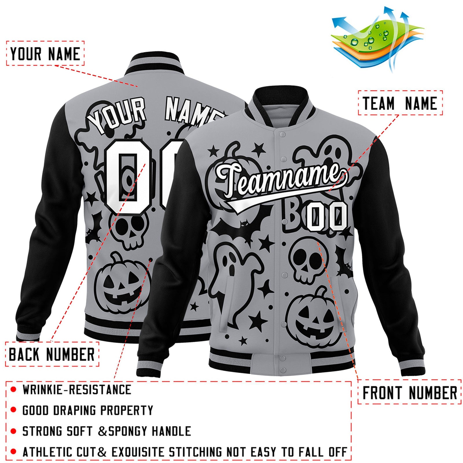 Custom Gray Black White Bats Pumpkins Ghost Patterns Halloween Letterman Jacket | Custom Letterman Jacket,Add Name and Numbern,Sublimation Printed & Stitched,Perfect for Parties | KXKSHOP
