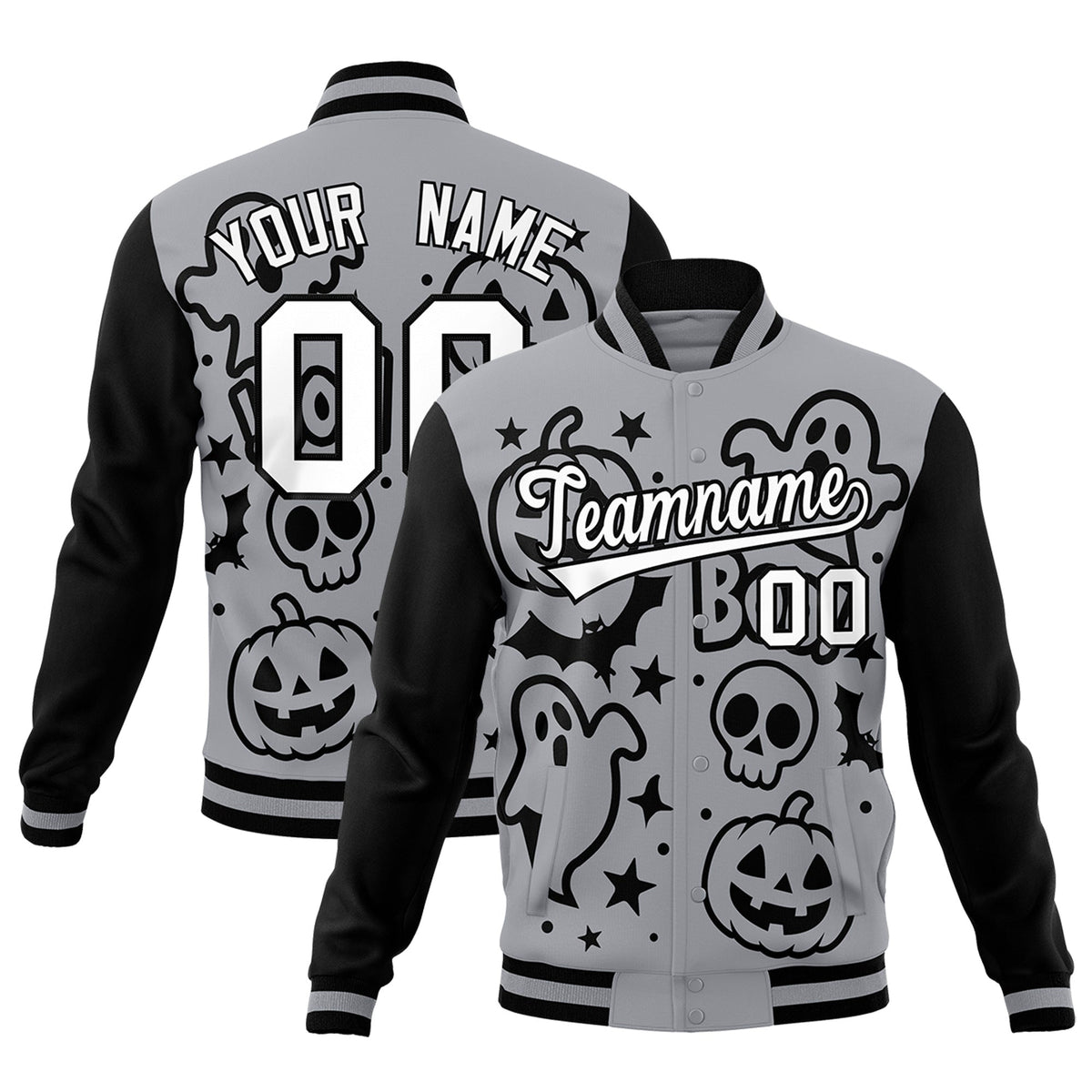 Custom Gray Black White Bats Pumpkins Ghost Patterns Halloween Letterman Jacket | Custom Letterman Jacket,Add Name and Numbern,Sublimation Printed &amp; Stitched,Perfect for Parties | KXKSHOP