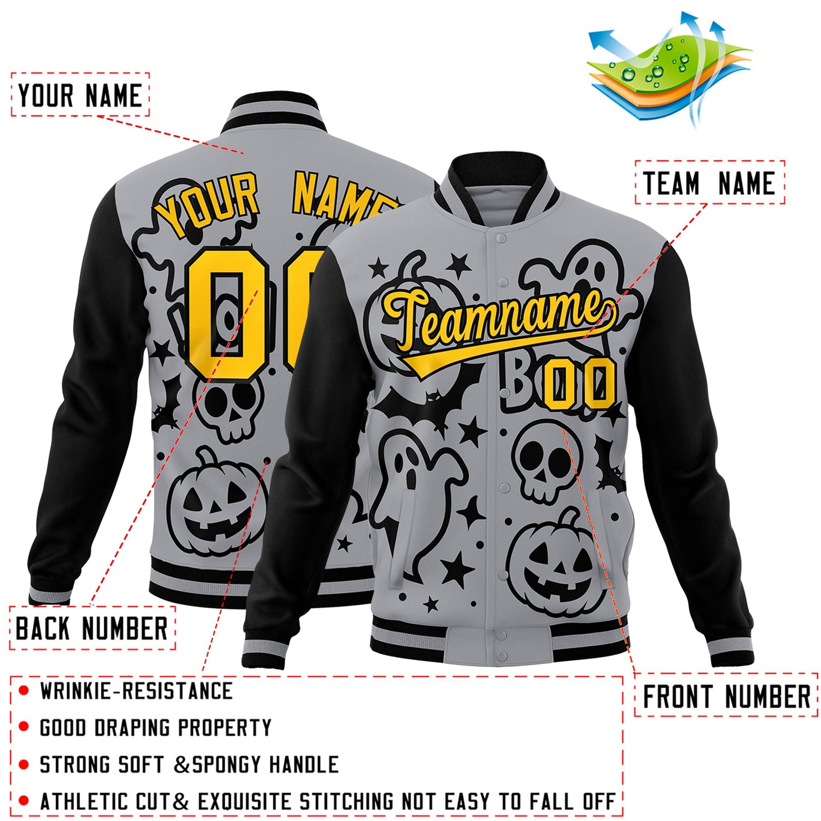 Custom Gray Black Gold Bats Pumpkins Ghost Patterns Halloween Letterman Jacket | Custom Letterman Jacket,Add Name and Numbern,Sublimation Printed & Stitched,Perfect for Parties | KXKSHOP