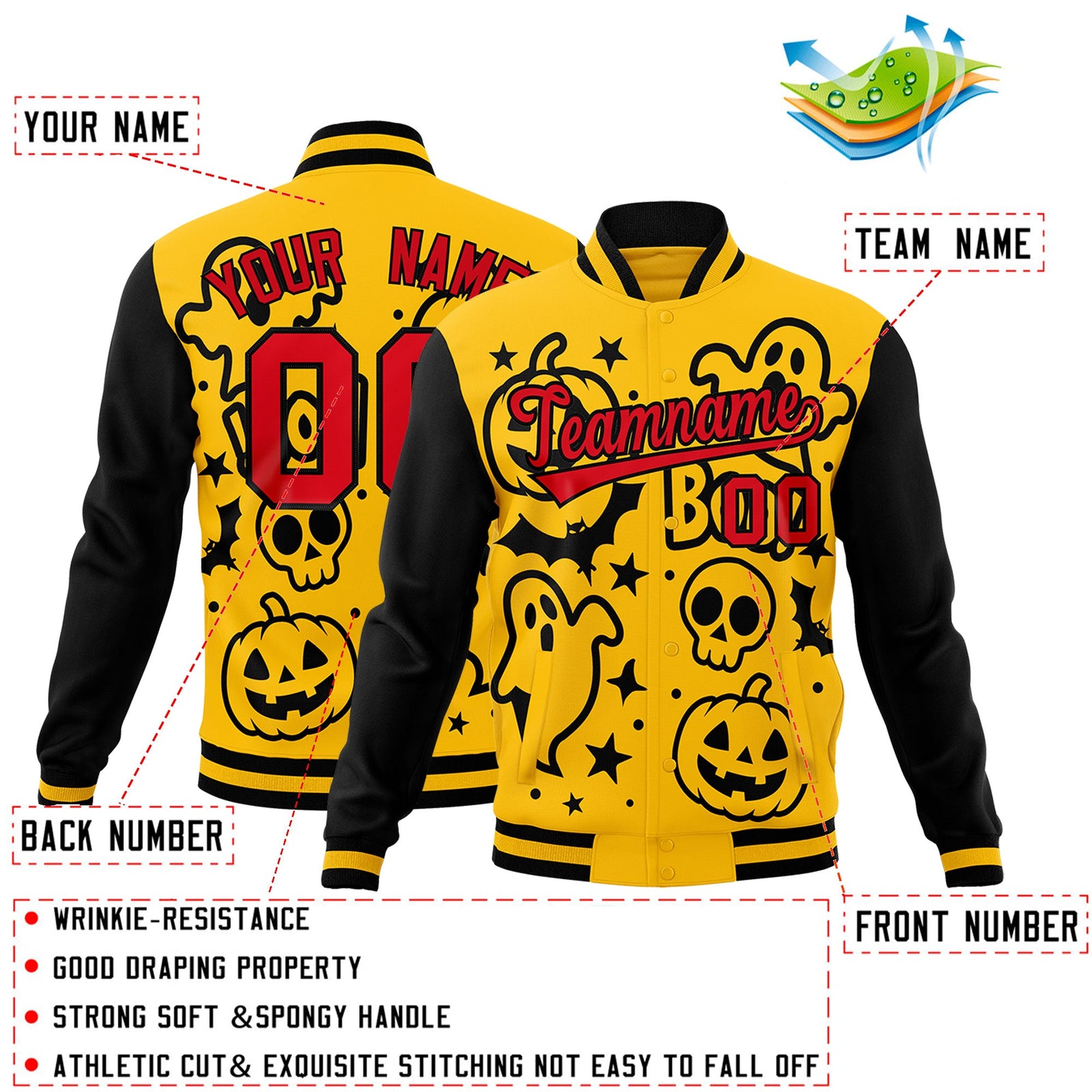 Custom Gold Black Red Bats Pumpkins Ghost Patterns Halloween Letterman Jacket | Custom Letterman Jacket,Add Name and Numbern,Sublimation Printed & Stitched,Perfect for Parties | KXKSHOP