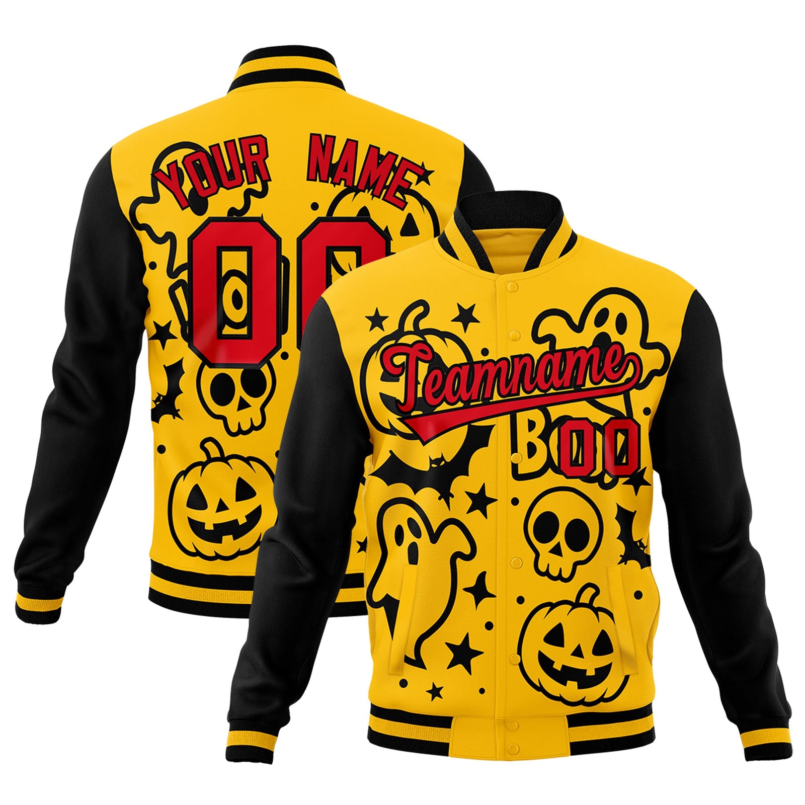 Custom Gold Black Red Bats Pumpkins Ghost Patterns Halloween Letterman Jacket | Custom Letterman Jacket,Add Name and Numbern,Sublimation Printed & Stitched,Perfect for Parties | KXKSHOP