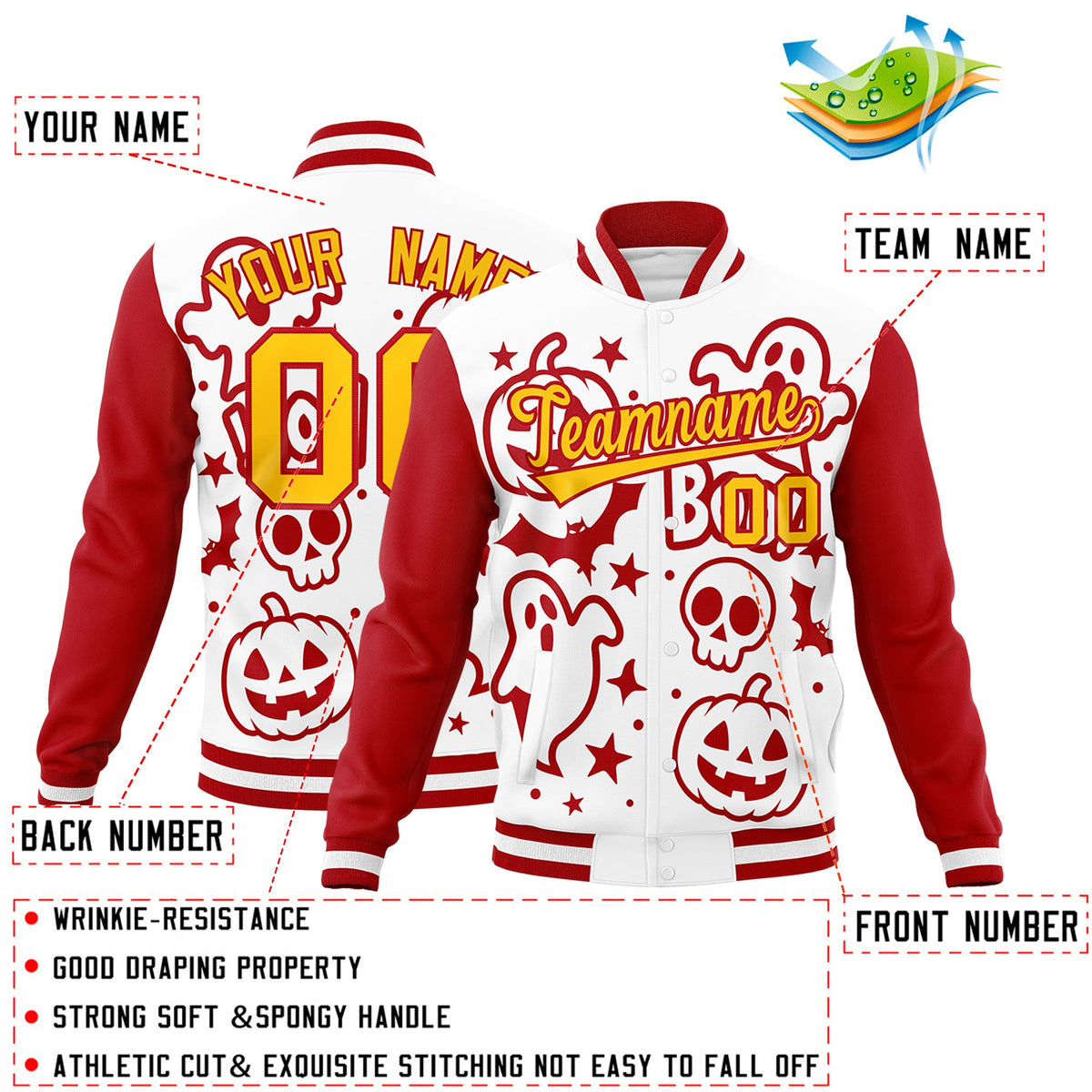 Custom White Red Gold Bats Pumpkins Ghost Patterns Halloween Letterman Jacket | Custom Letterman Jacket,Add Name and Numbern,Sublimation Printed &amp; Stitched,Perfect for Parties | KXKSHOP