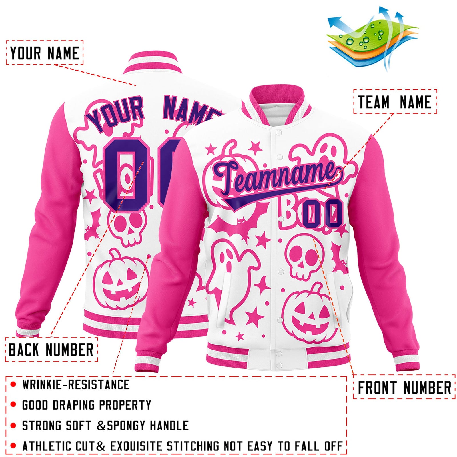 Custom White Pink Purple Bats Pumpkins Ghost Patterns Halloween Letterman Jacket | Custom Letterman Jacket,Add Name and Numbern,Sublimation Printed & Stitched,Perfect for Parties | KXKSHOP