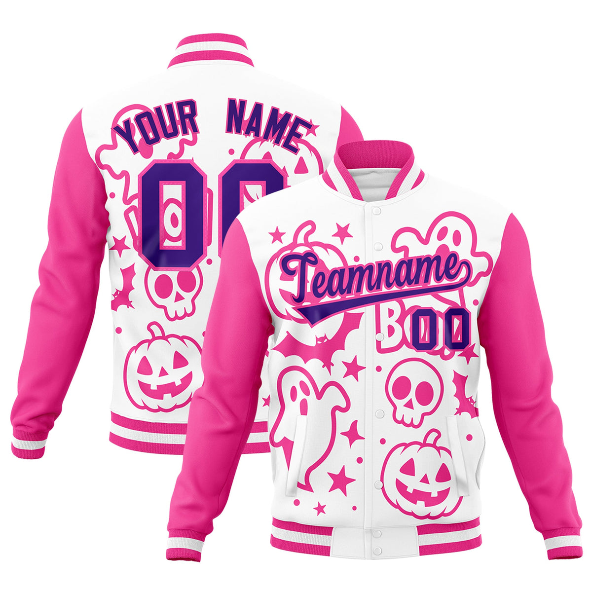 Custom White Pink Purple Bats Pumpkins Ghost Patterns Halloween Letterman Jacket | Custom Letterman Jacket,Add Name and Numbern,Sublimation Printed &amp; Stitched,Perfect for Parties | KXKSHOP