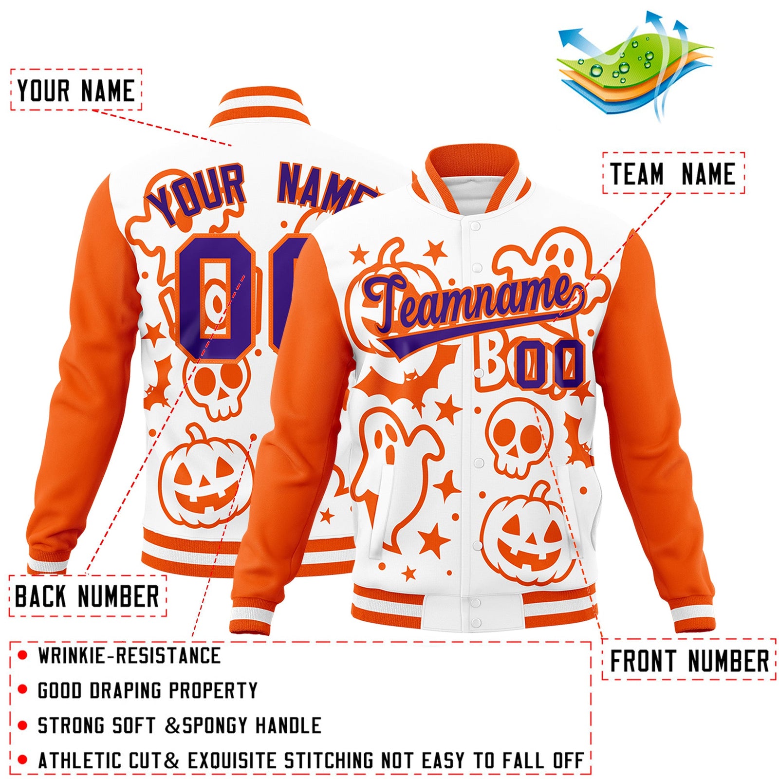Custom White Orange Purple Bats Pumpkins Ghost Patterns Halloween Letterman Jacket | Custom Letterman Jacket,Add Name and Numbern,Sublimation Printed & Stitched,Perfect for Parties | KXKSHOP