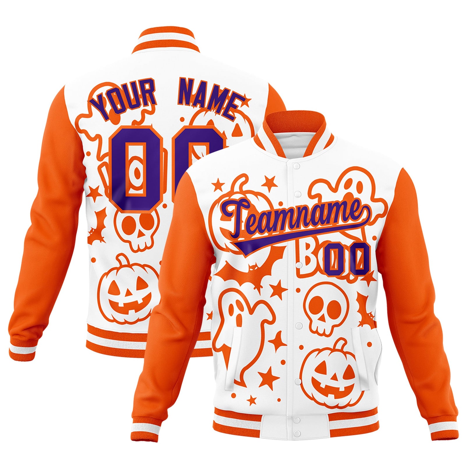 Custom White Orange Purple Bats Pumpkins Ghost Patterns Halloween Letterman Jacket | Custom Letterman Jacket,Add Name and Numbern,Sublimation Printed & Stitched,Perfect for Parties | KXKSHOP